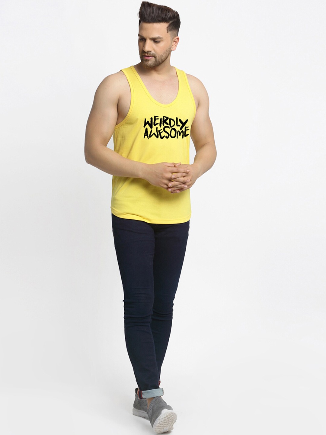 Clothing Innerwear Vests | Friskers Men Yellow & Black Printed Pure Cotton Apple Cut Innerwear Vest - SM16553