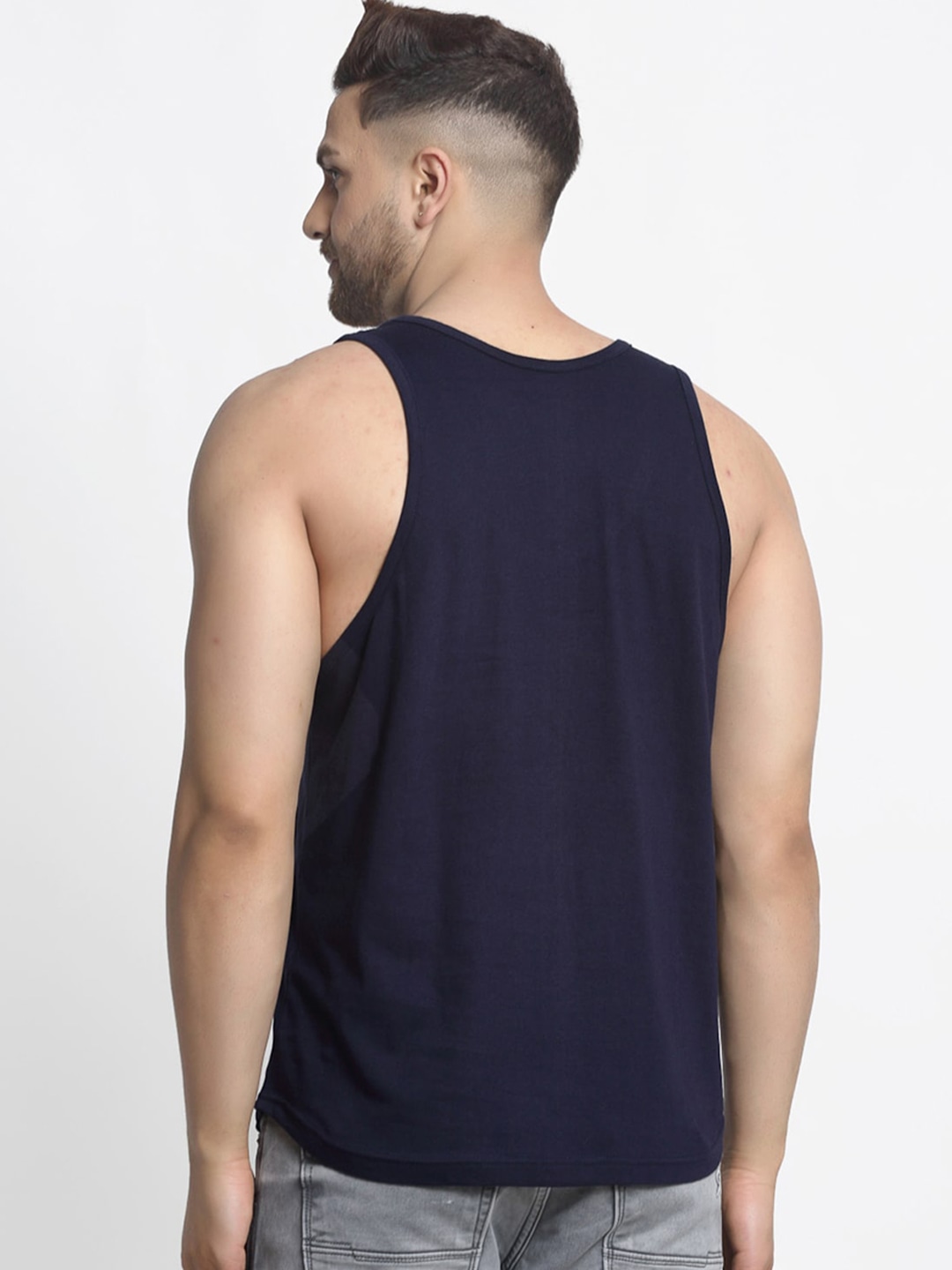 Clothing Innerwear Vests | Friskers Men Navy Blue & White Printed Pure Cotton Gym Vest - KL03024