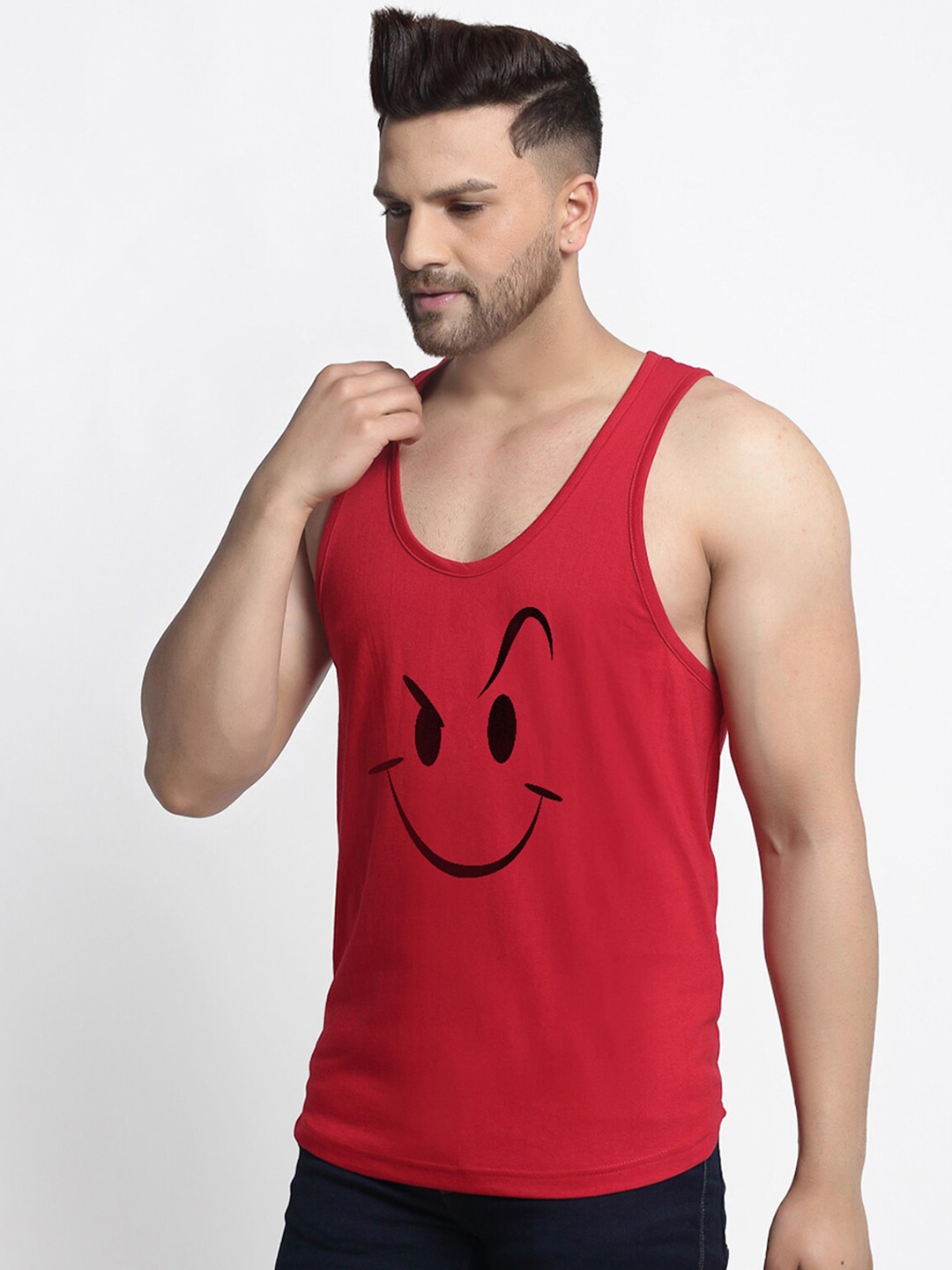 Clothing Innerwear Vests | Friskers Men Maroon Printed Pure Cotton Gym Vest - JO49089