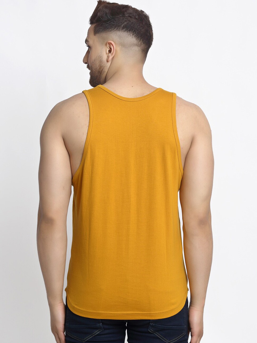 Clothing Innerwear Vests | Friskers Men Gold Coloured Printed Pure Cotton Gym Vest - JK39548
