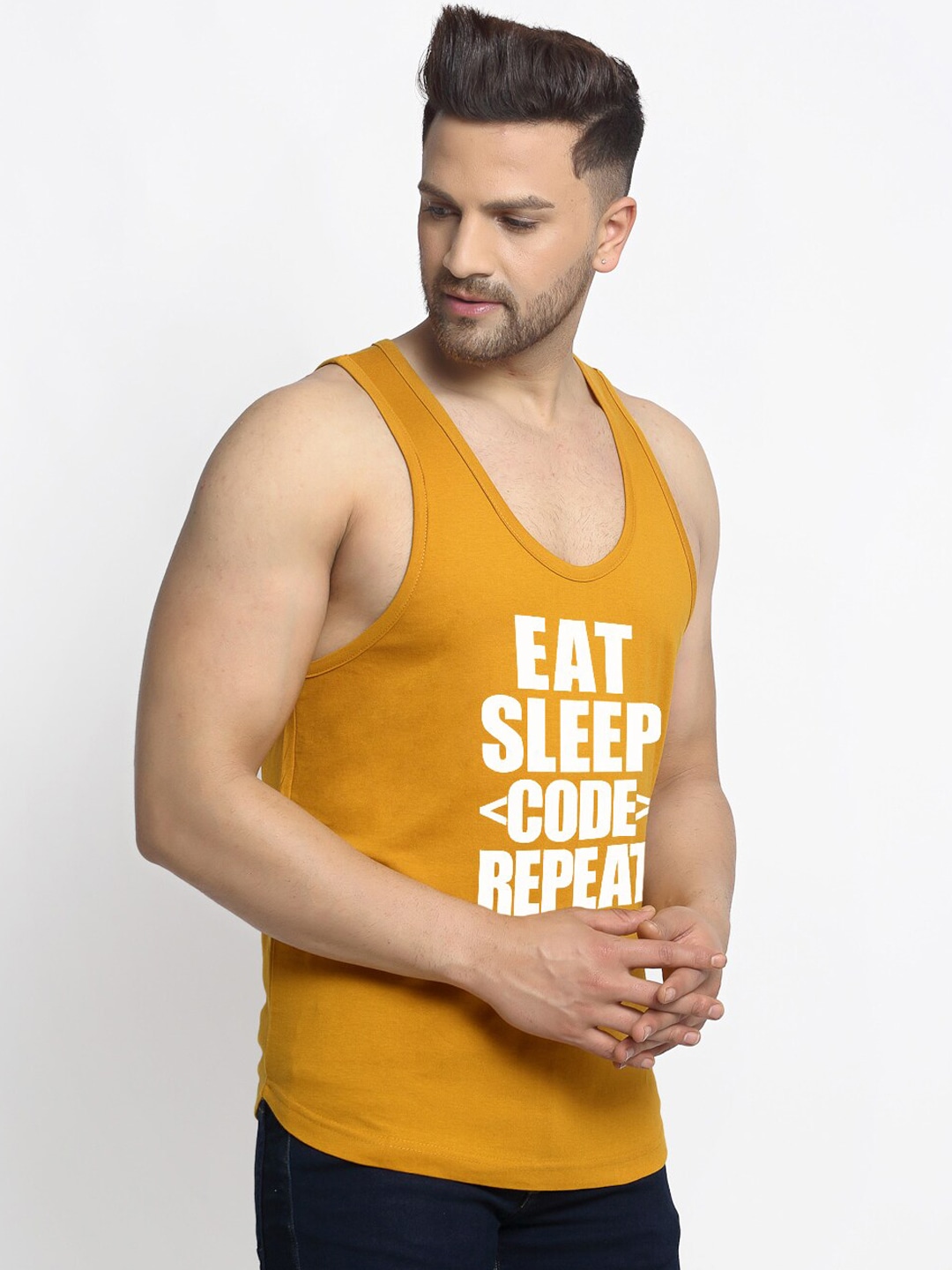 Clothing Innerwear Vests | Friskers Men Gold-Colored & White Eat Sleep Printed Pure Cotton Innerwear Vest - EX82006