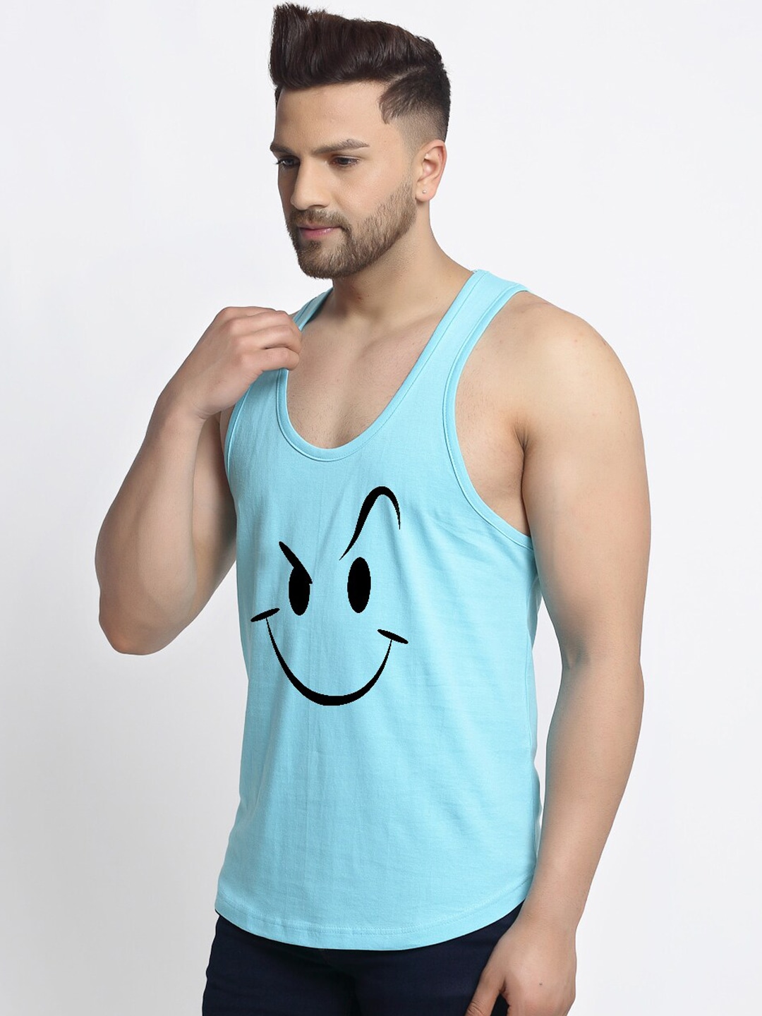 Clothing Innerwear Vests | Friskers Men Turquoise Blue Printed Pure Cotton Gym Vest - AT05303