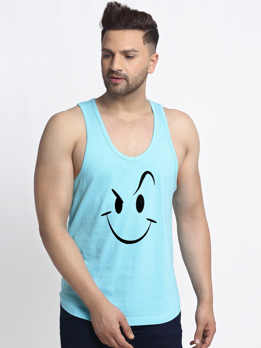 Clothing Innerwear Vests | Friskers Men Turquoise Blue Printed Pure Cotton Gym Vest - AT05303