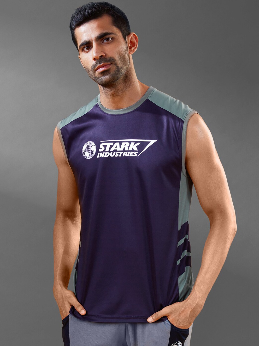 Clothing Innerwear Vests | The Souled Store Men Navy Blue & Grey Printed Cotton Gym Vest - ME30064