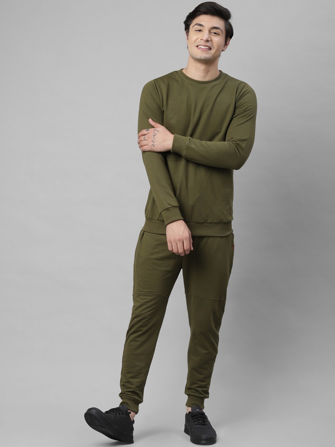 Clothing Tracksuits | Rigo Men Olive Green Solid Cotton Tracksuit - OU66099