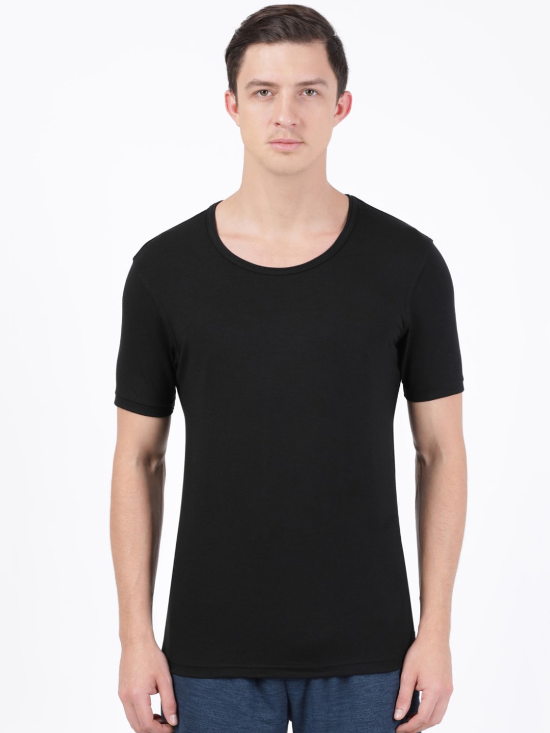 Clothing Innerwear Vests | Jockey Men Black Solid Half Sleeve Thermal Innerwear Vest - UK13435