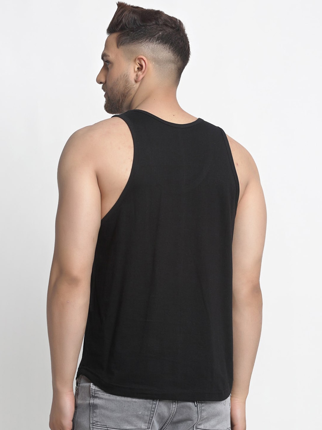 Clothing Innerwear Vests | Friskers Men Black & White Printed Cotton Apple Cut Gym Vest - VR98938
