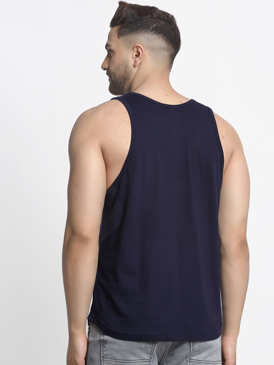 Clothing Innerwear Vests | Friskers Men Navy Blue & White Printed Cotton Apple Cut Gym Vest - JJ85289