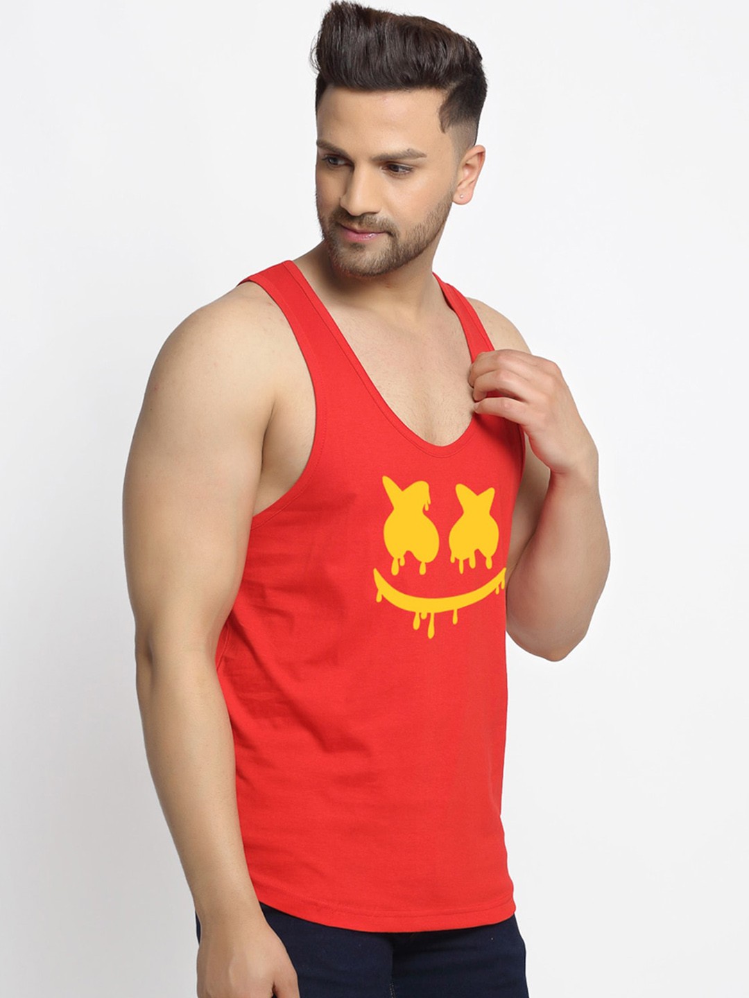 Clothing Innerwear Vests | Friskers Men Red & Yellow Printed Pure Cotton Gym Vest - VW05052