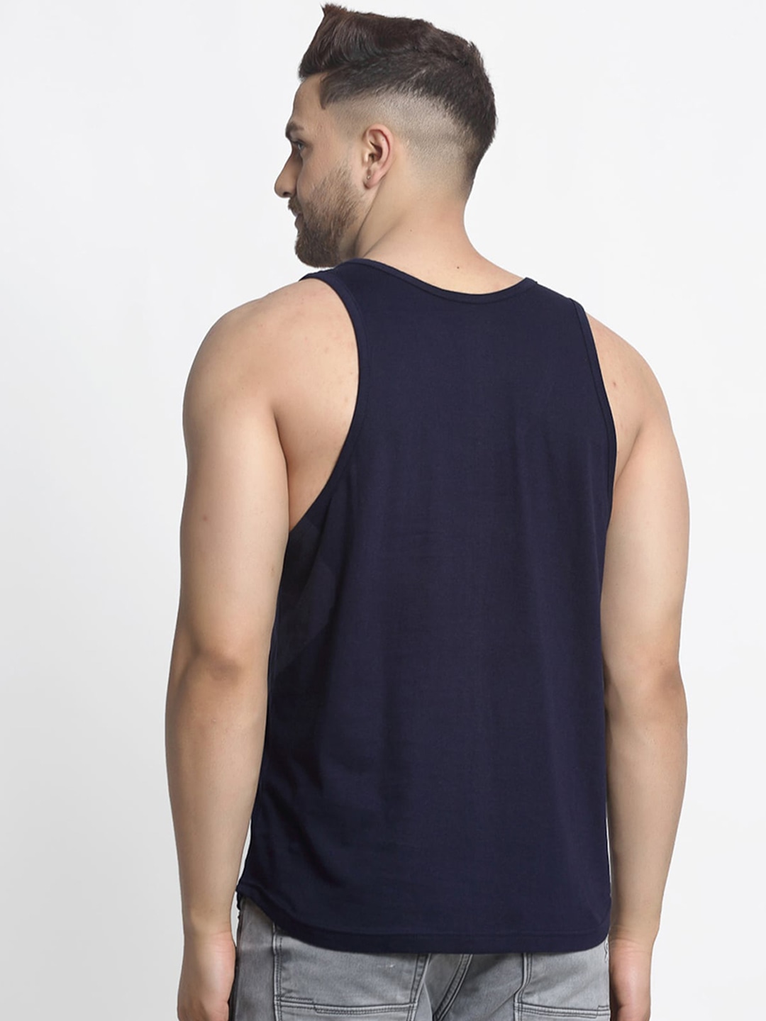 Clothing Innerwear Vests | Friskers Men Navy Blue & White Printed Pure Cotton Gym Vest - BD47028