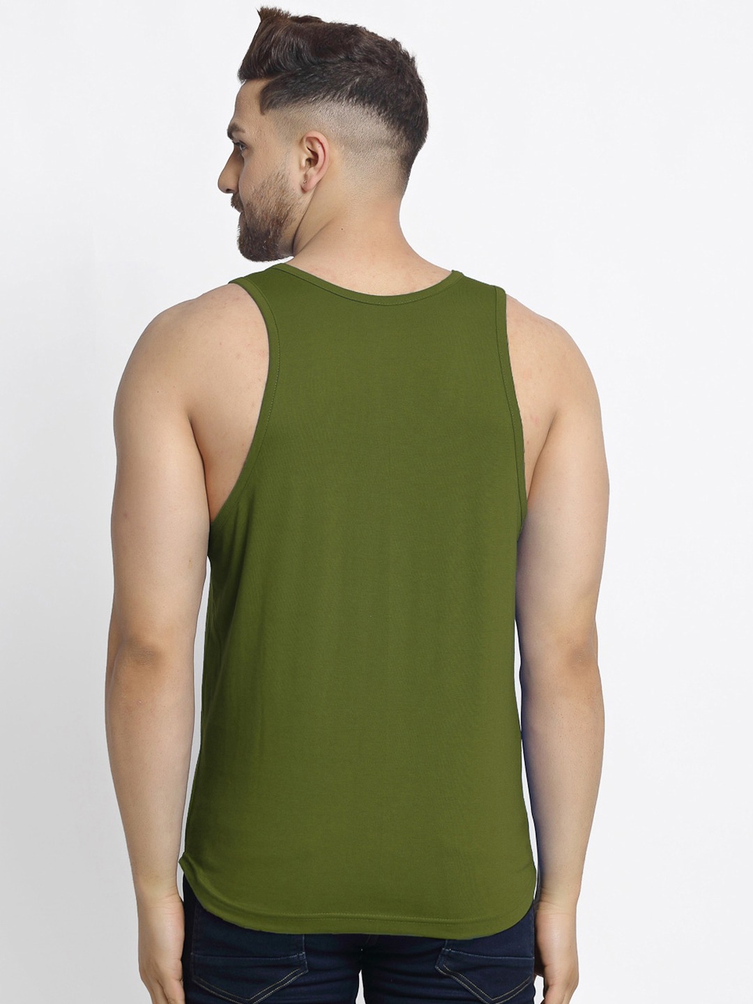 Clothing Innerwear Vests | Friskers Men Olive Green Inspire Printed Pure Cotton Gym Vest - IP82629