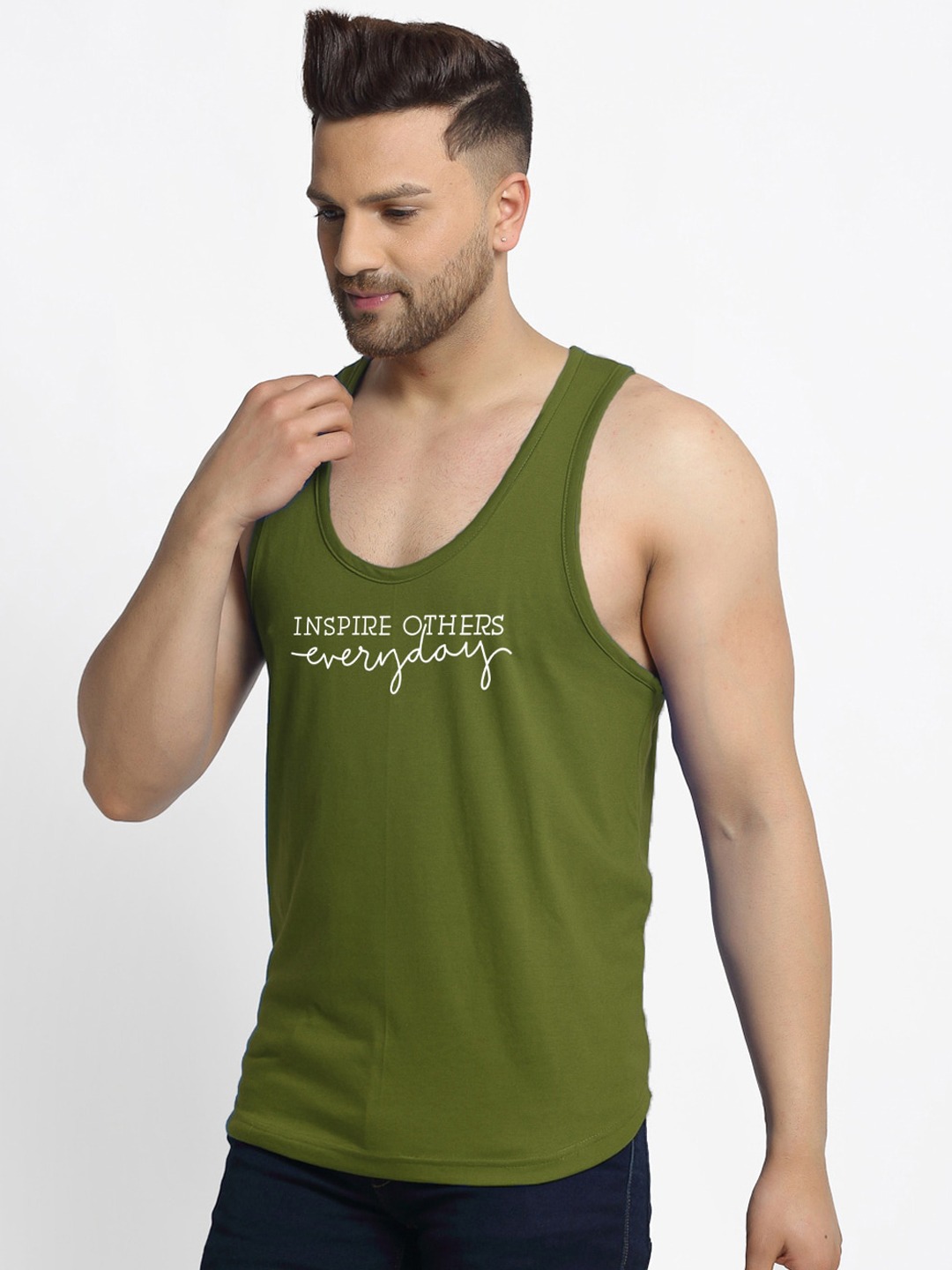 Clothing Innerwear Vests | Friskers Men Olive Green Inspire Printed Pure Cotton Gym Vest - IP82629