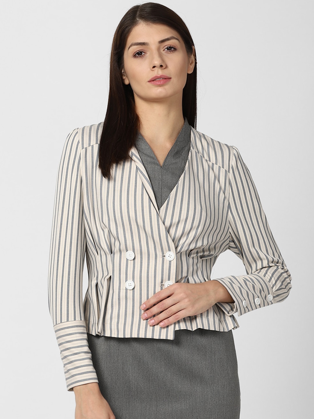 Clothing Blazers | Van Heusen Woman Beige Striped Crop Single-Breasted Formal Blazer - GS74952