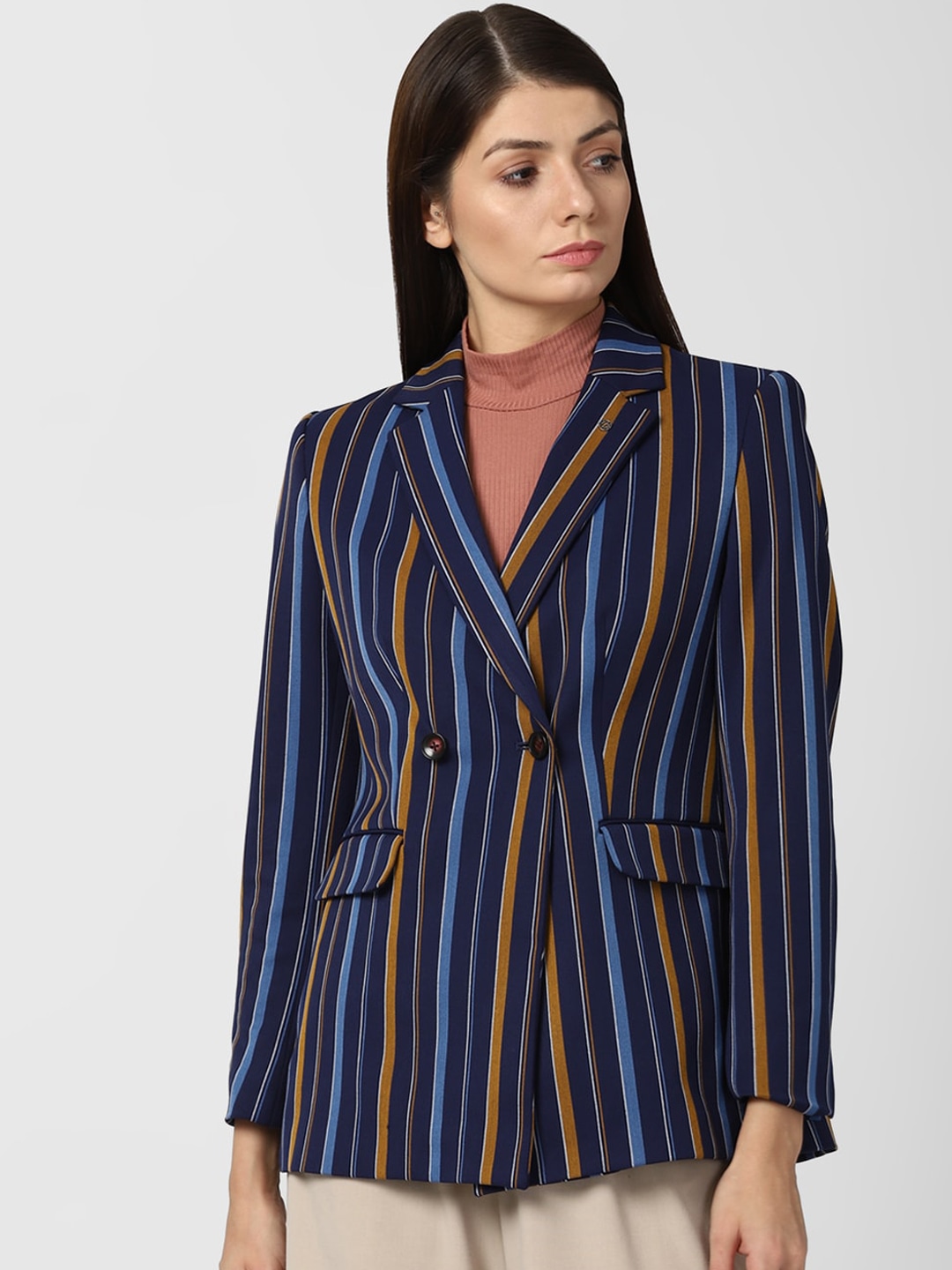 Clothing Blazers | Van Heusen Woman Navy Blue & Brown Striped Single-Breasted Formal Blazer - QH82121