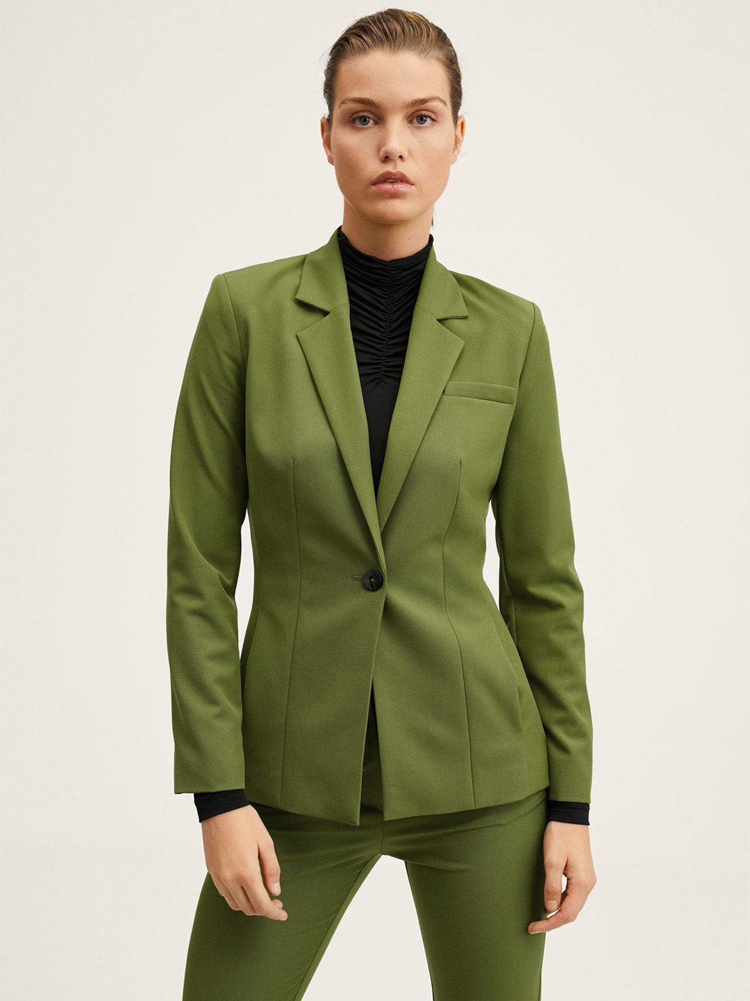 Clothing Blazers | MANGO Women Green Solid Single-Breasted Blazer - JI40559