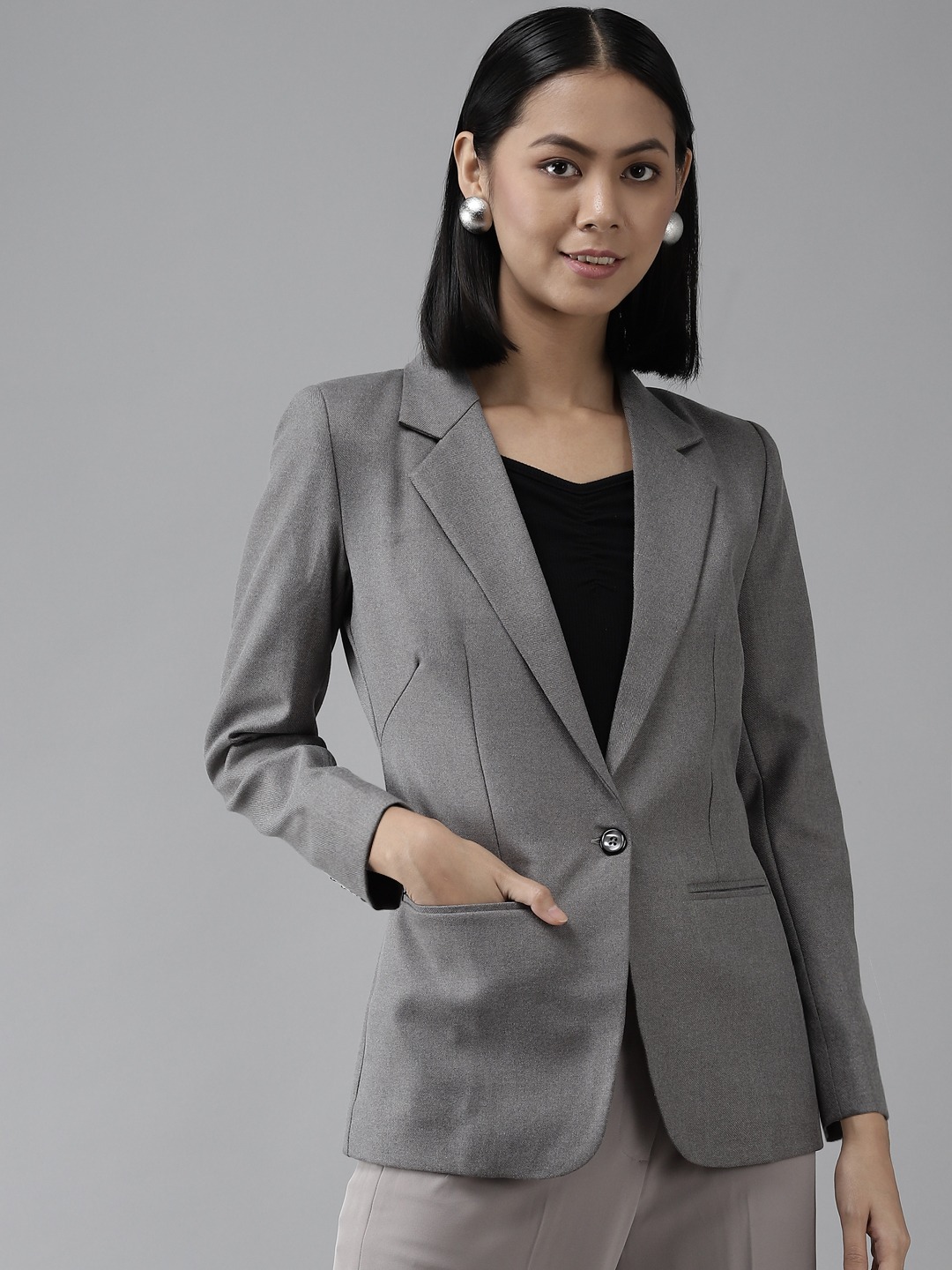 Clothing Blazers | Shaftesbury London Women Grey Solid Slim Fit Single-Breasted Blazer - AF88921