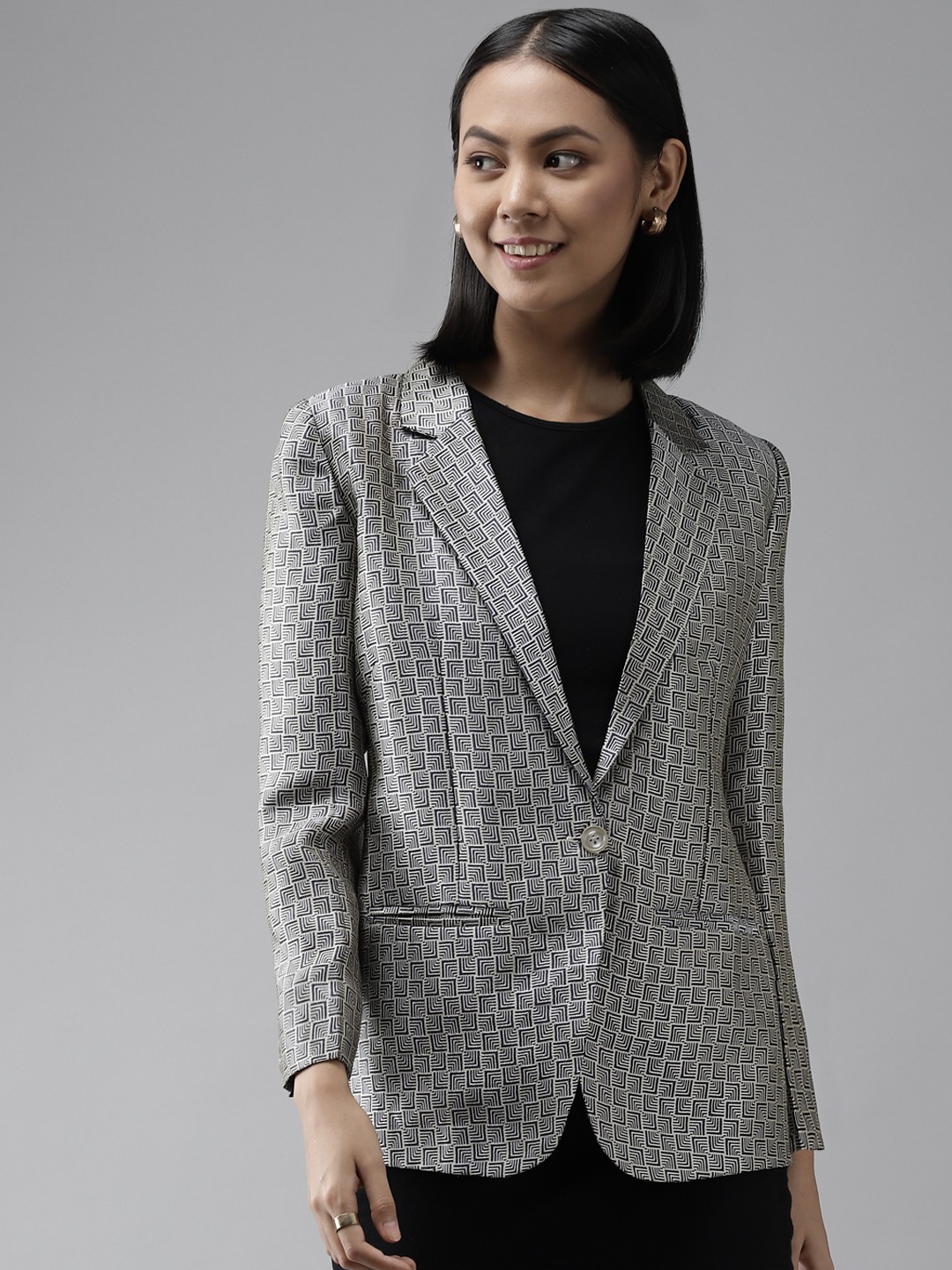 Clothing Blazers | Shaftesbury London Women Grey Printed Formal Blazer - UT41655
