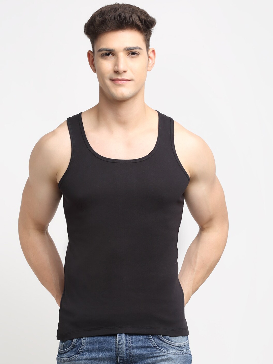 Clothing Innerwear Vests | Friskers Men Black Solid Pure Cotton Innerwear Vests - VC41033