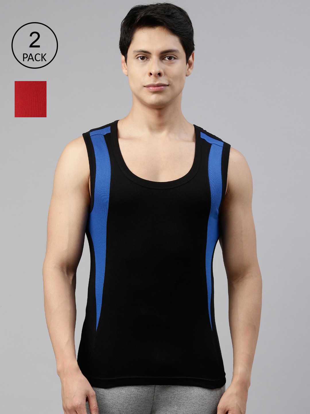 Clothing Innerwear Vests | DIXCY SCOTT Men Pack Of 2 Black & Red Solid Cotton Gym Vests - YN64072