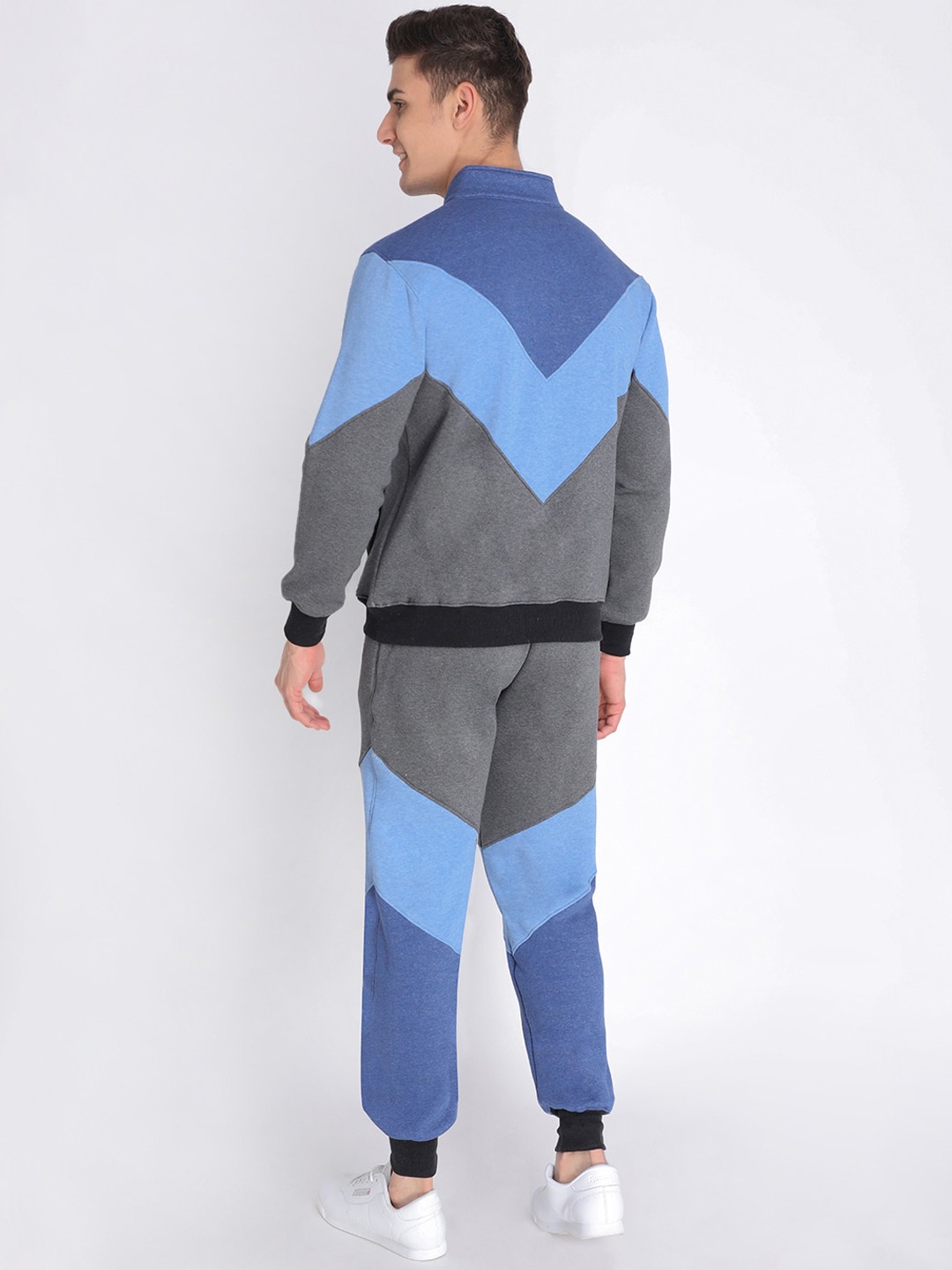 Clothing Tracksuits | Chkokko Men Blue & Grey Colourblocked Cotton Fleece Winter Sports Tracksuits - LP33456