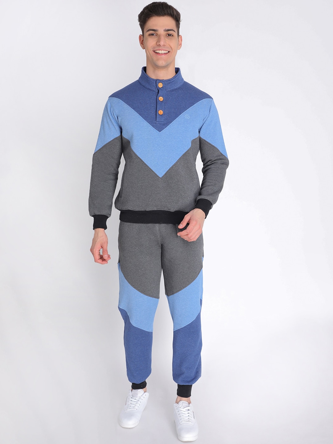 Clothing Tracksuits | Chkokko Men Blue & Grey Colourblocked Cotton Fleece Winter Sports Tracksuits - LP33456