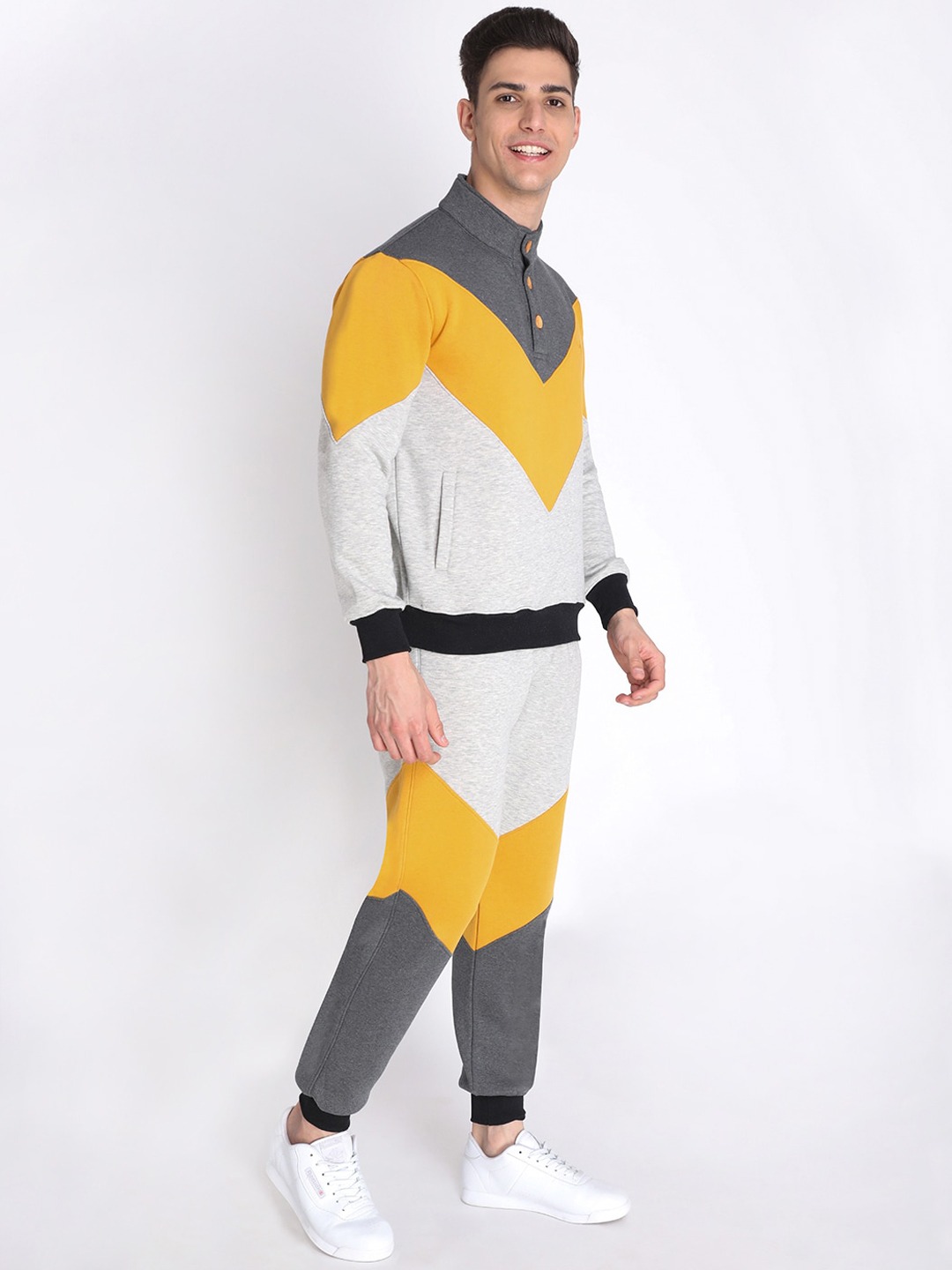 Clothing Tracksuits | Chkokko Men Yellow & Grey Colourblocked Cotton Tracksuits - CK38724