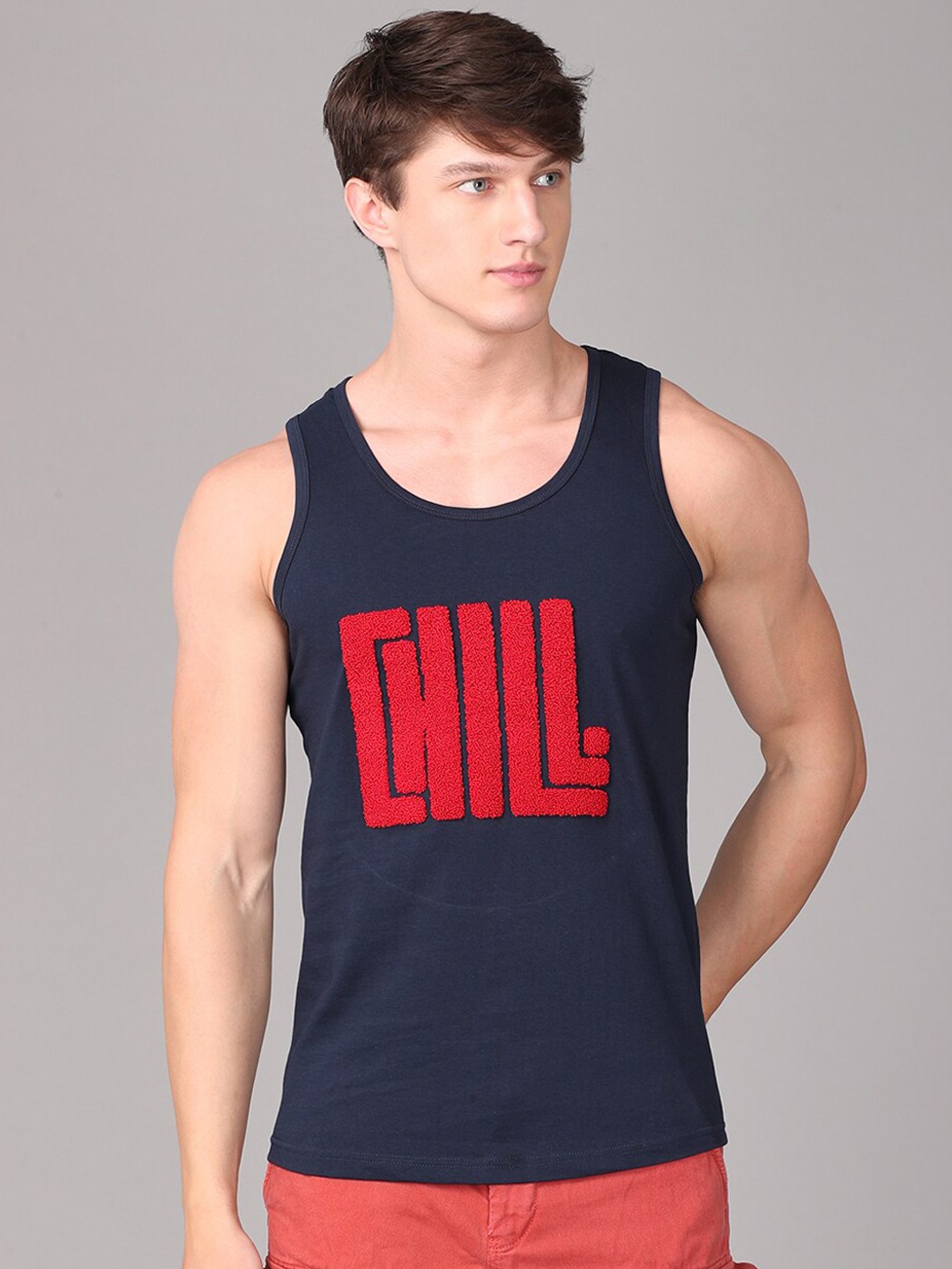 Clothing Innerwear Vests | IMYOUNG Men Navy Blue & Red Typography Printed Innerwear Vests - MQ91813