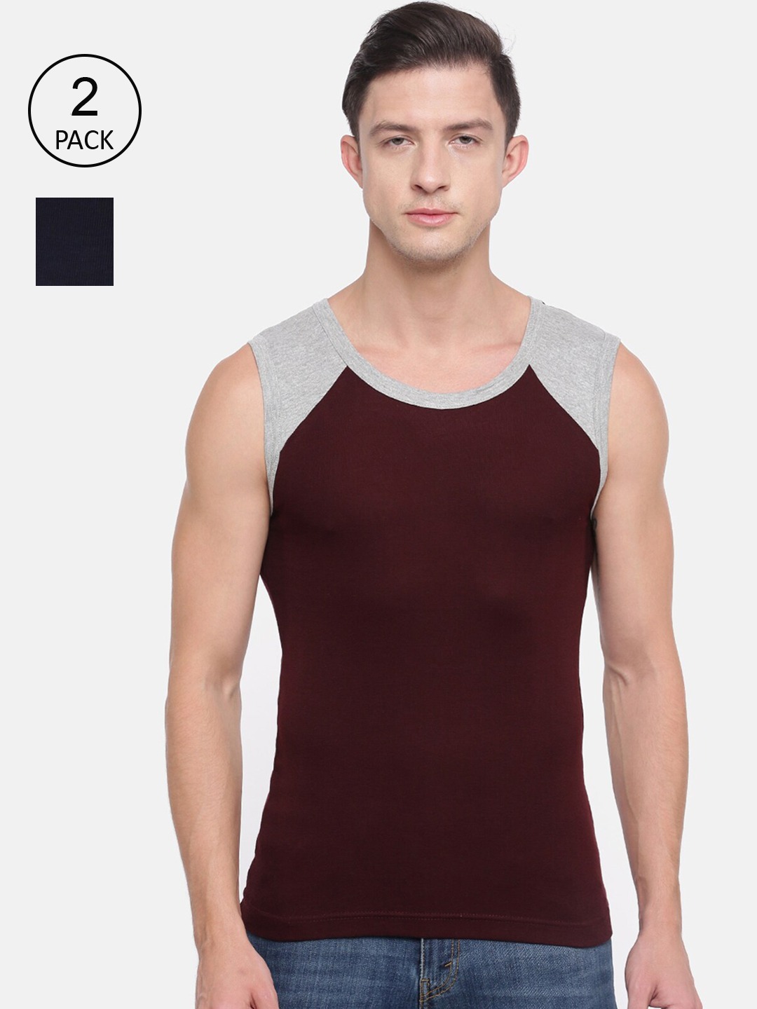 Clothing Innerwear Vests | Genx Men Assorted Pack of 2 Colourblocked Cotton Gym Vests - PN45089
