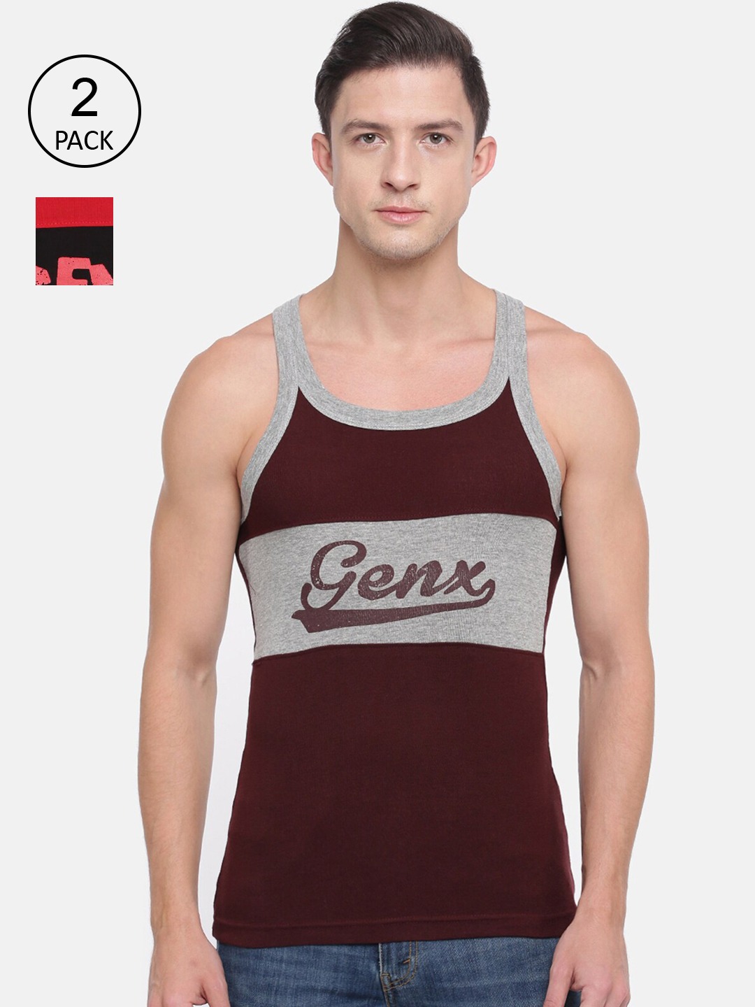 Clothing Innerwear Vests | Genx Men Assorted Pack of 2 Colourblocked Cotton Gym Vests  GENX_GV_7711_AST_2PC - LW76753