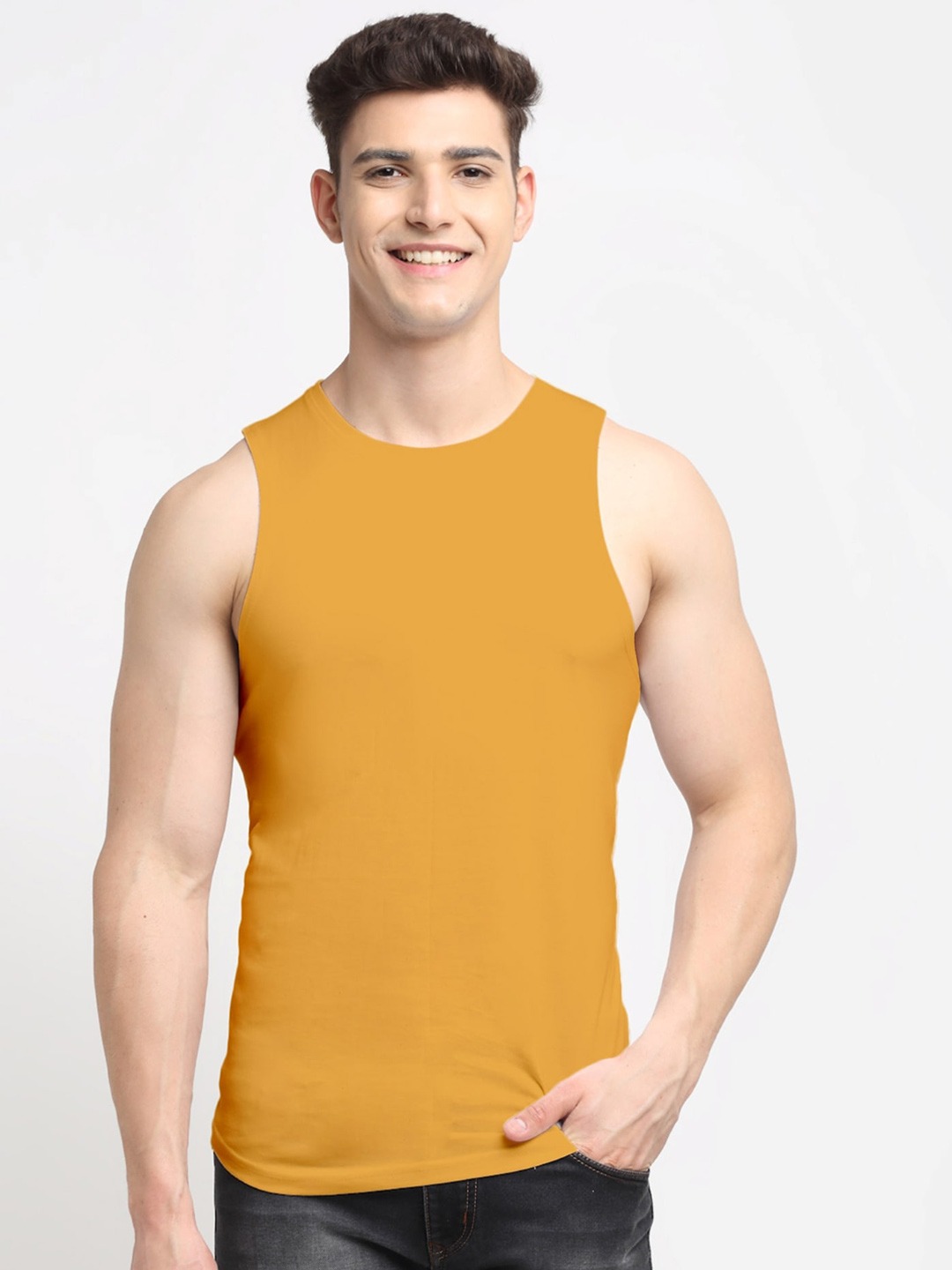 Clothing Innerwear Vests | Friskers Men Gold Colored Solid Cotton Gym Vest - JU63260