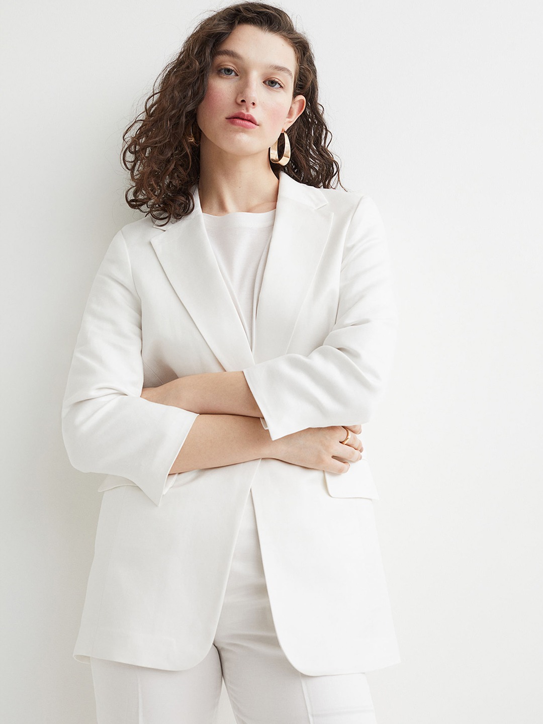 Clothing Blazers | H&M Women White Solid Linen-Blend Jacket - WB21106