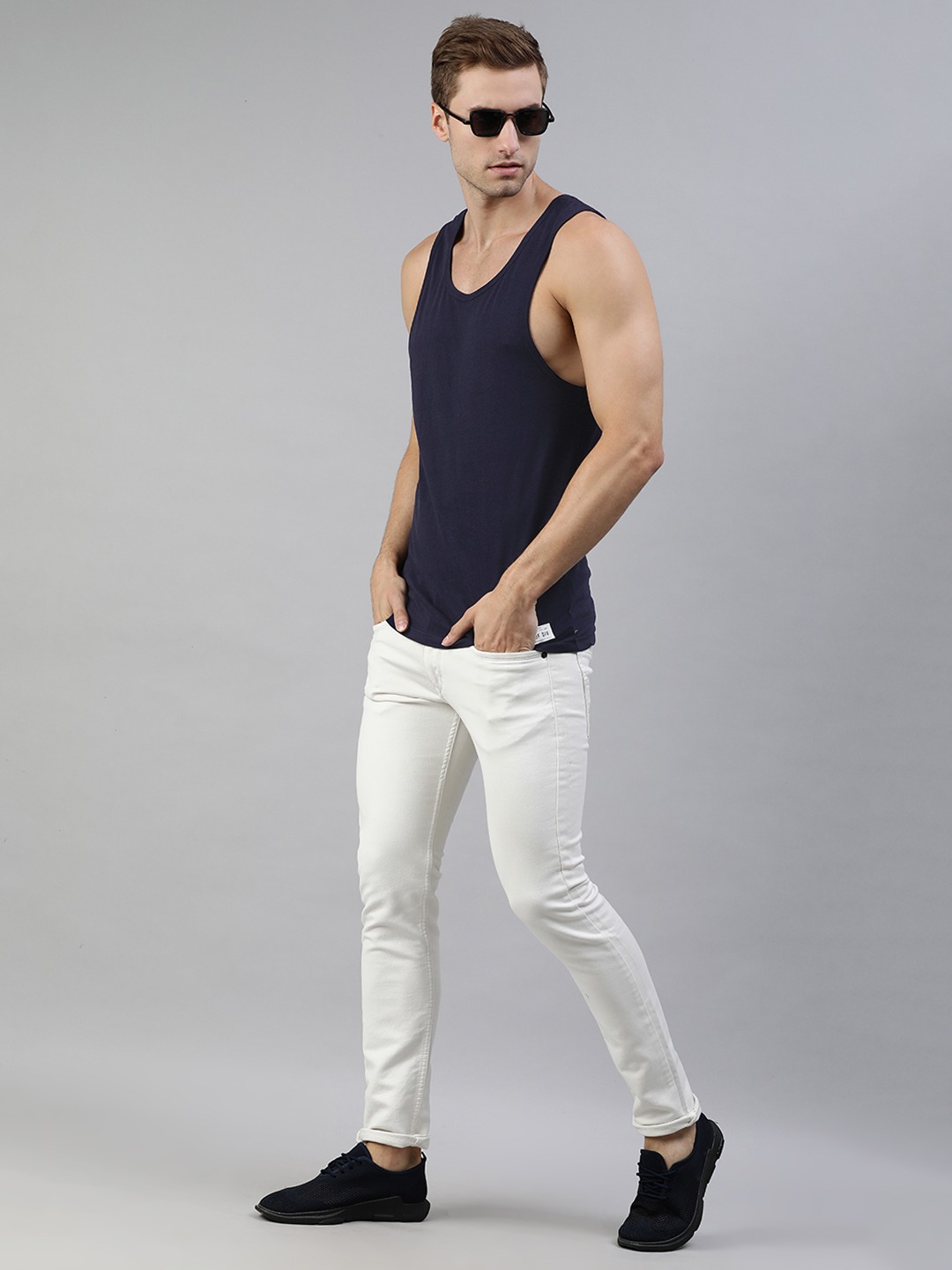 Clothing Innerwear Vests | abof Men Navy Blue & White Printed Pure Cotton Innerwear Vest - OB57412