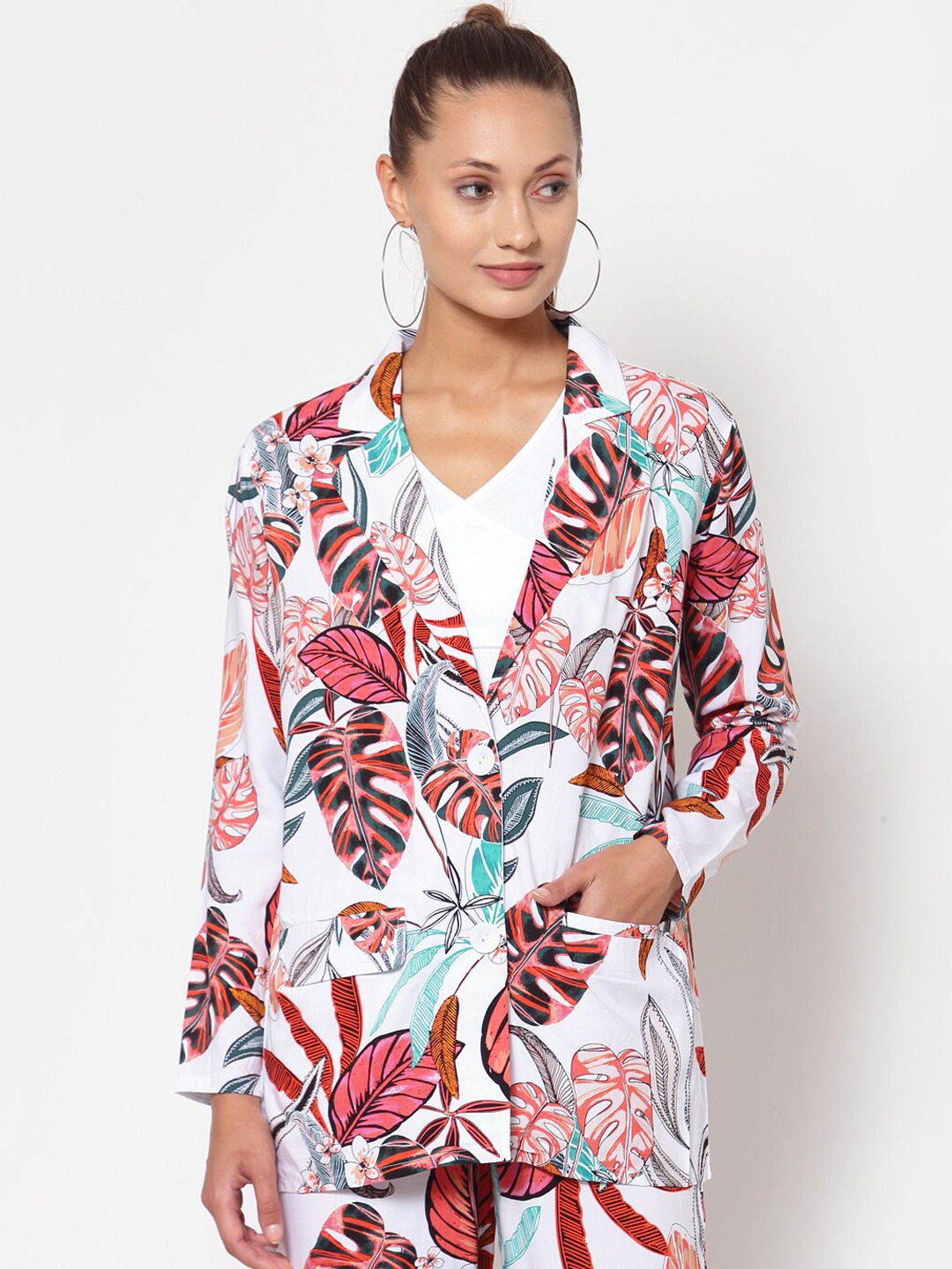 Clothing Blazers | YOONOY Women White & Red Tropical Open Front Pure Cotton Blazer - OY78745