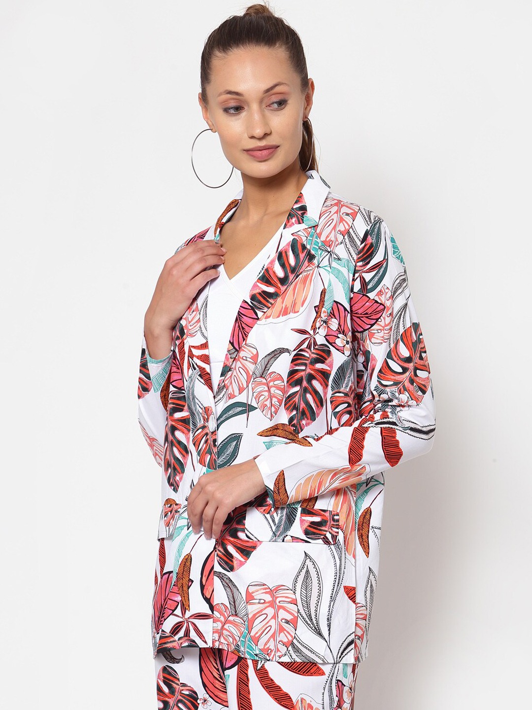 Clothing Blazers | YOONOY Women White & Red Tropical Open Front Pure Cotton Blazer - OY78745