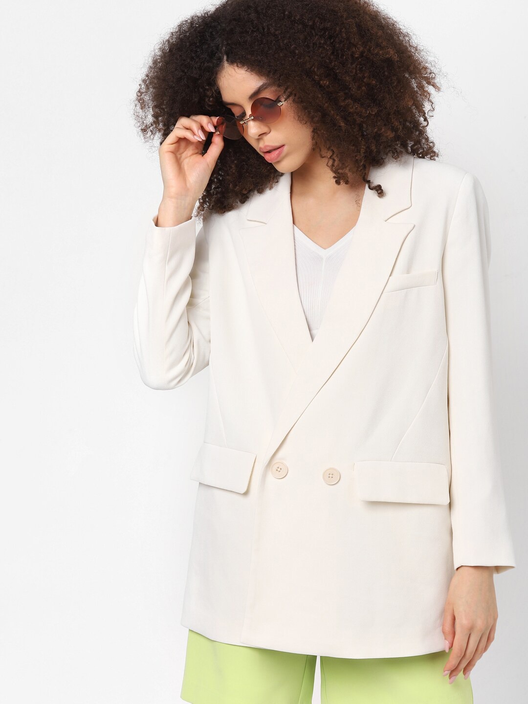 Clothing Blazers | ONLY Women Off White Solid Double- Breasted Casual Blazer - WR46285