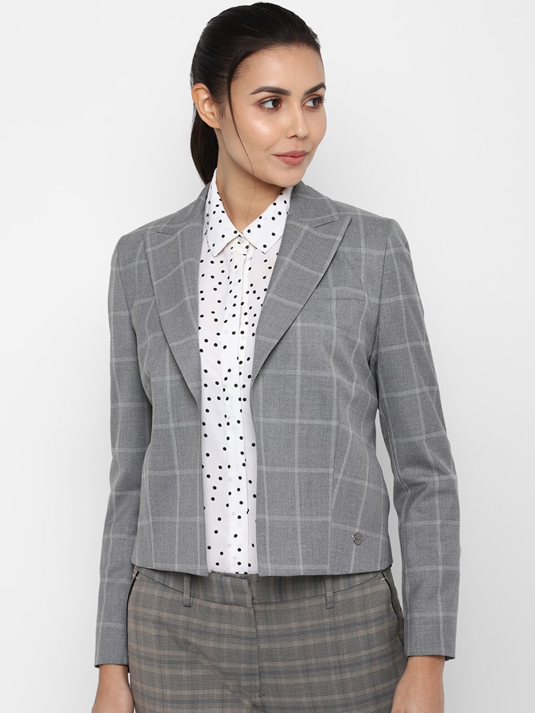 Clothing Blazers | Allen Solly Woman Women Grey Checked Single Breasted Casual Blazers - ME85786