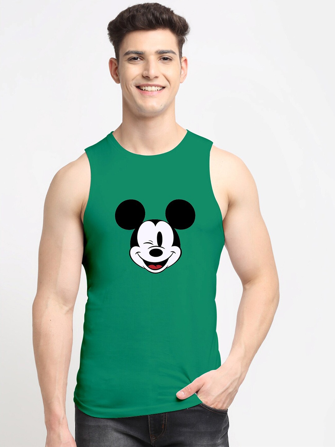 Clothing Innerwear Vests | Friskers Men Green & White Printed Pure Cotton Gym Vest - SL52253
