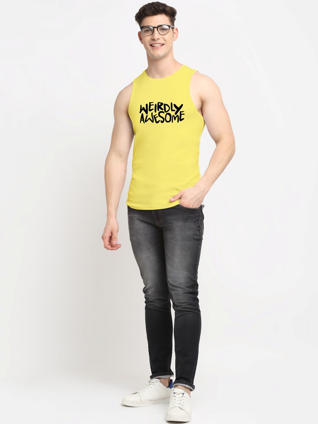 Clothing Innerwear Vests | Friskers Men Yellow & Black Printed Pure Cotton Gym Vest - BH64741