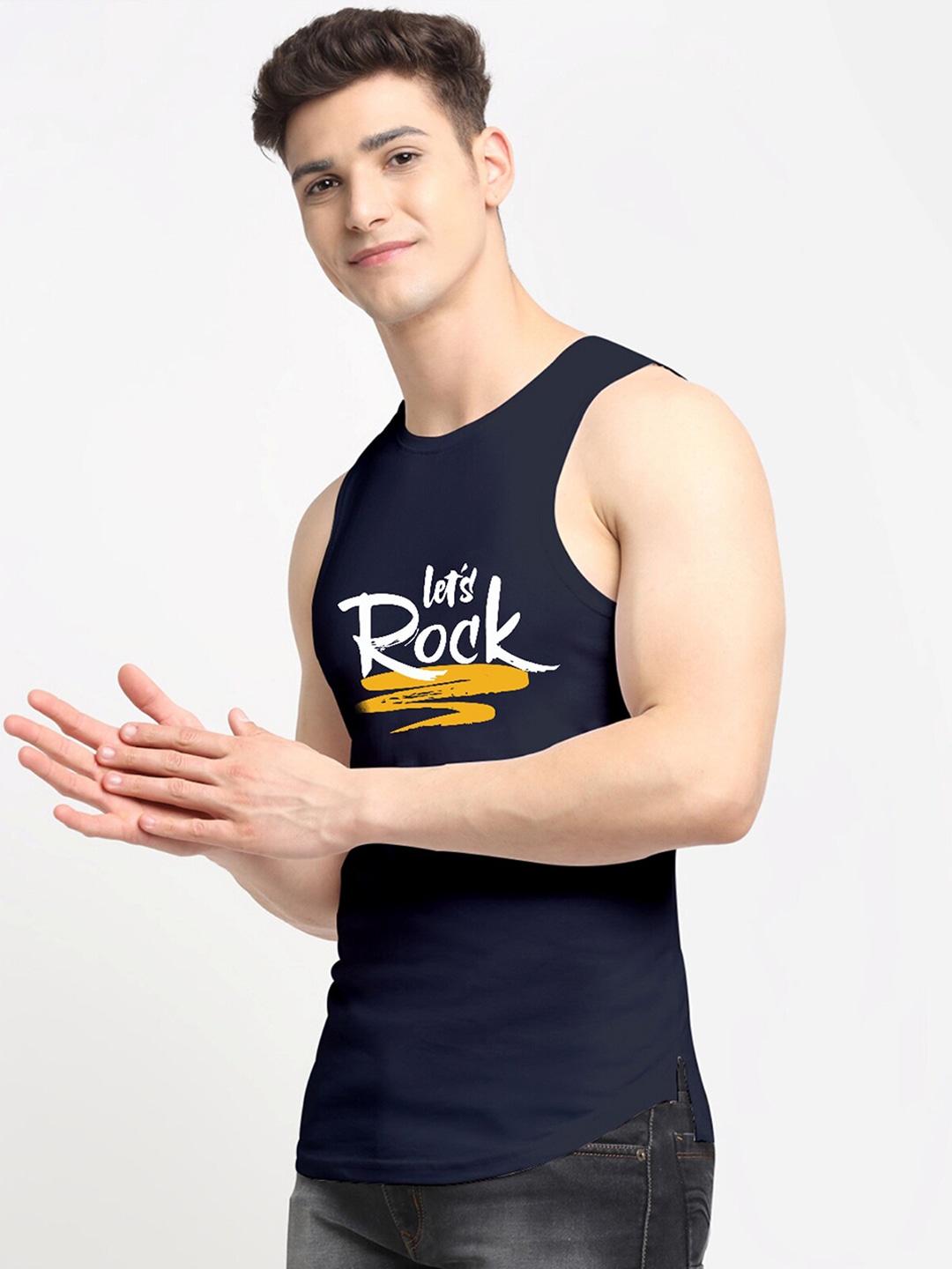 Clothing Innerwear Vests | Friskers Men Navy-Blue & White Printed Pure Cotton Gym Vest - DY17503