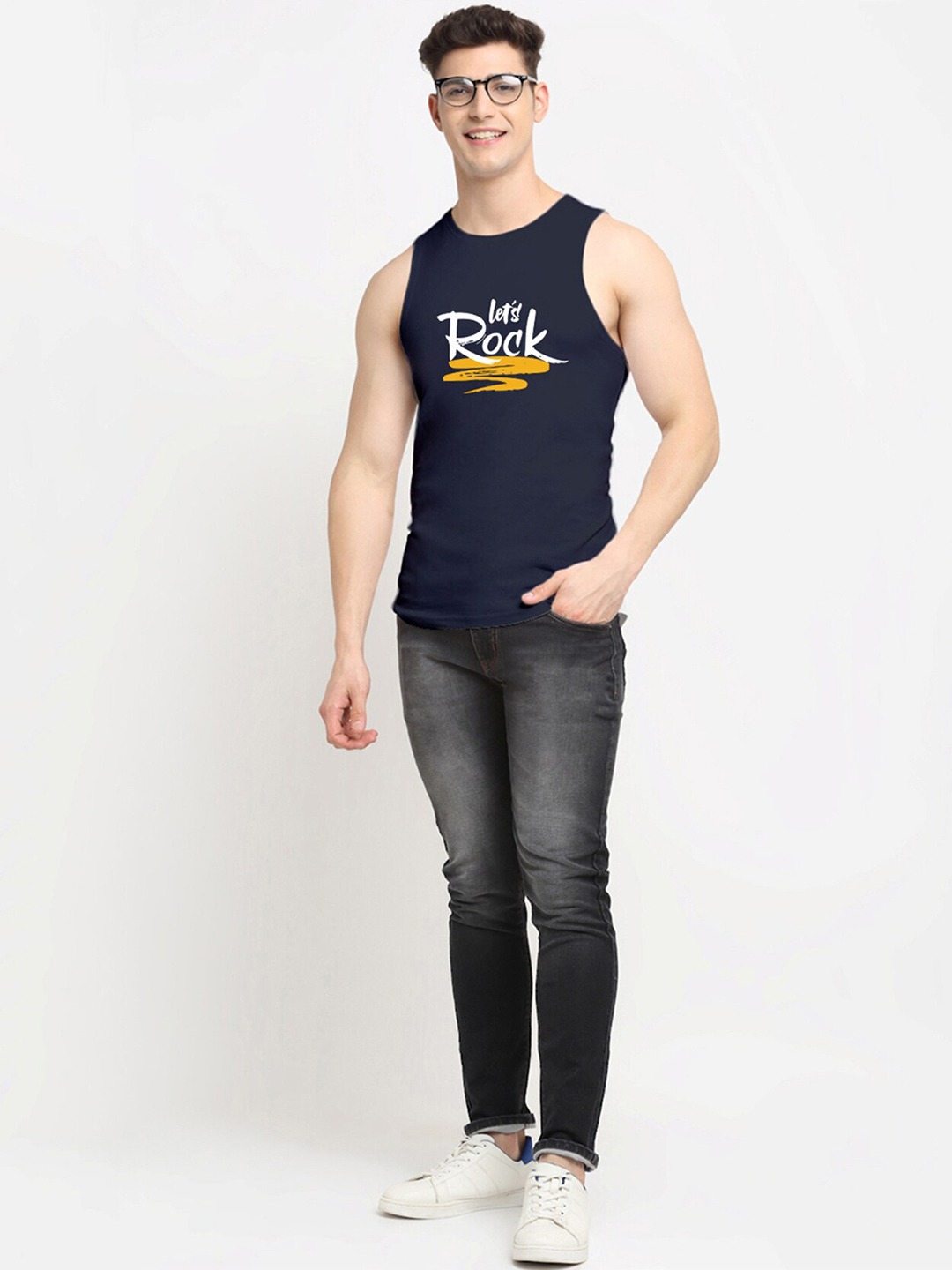 Clothing Innerwear Vests | Friskers Men Navy-Blue & White Printed Pure Cotton Gym Vest - DY17503