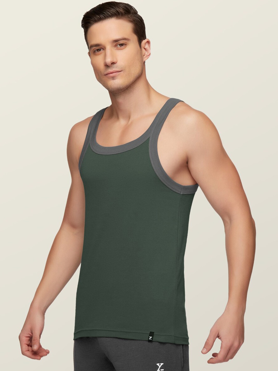 Clothing Innerwear Vests | XYXX Men Olive-Green & Grey Anti-Bacterial Super Combed Cotton Square Neck Knitted Vest - NB87701