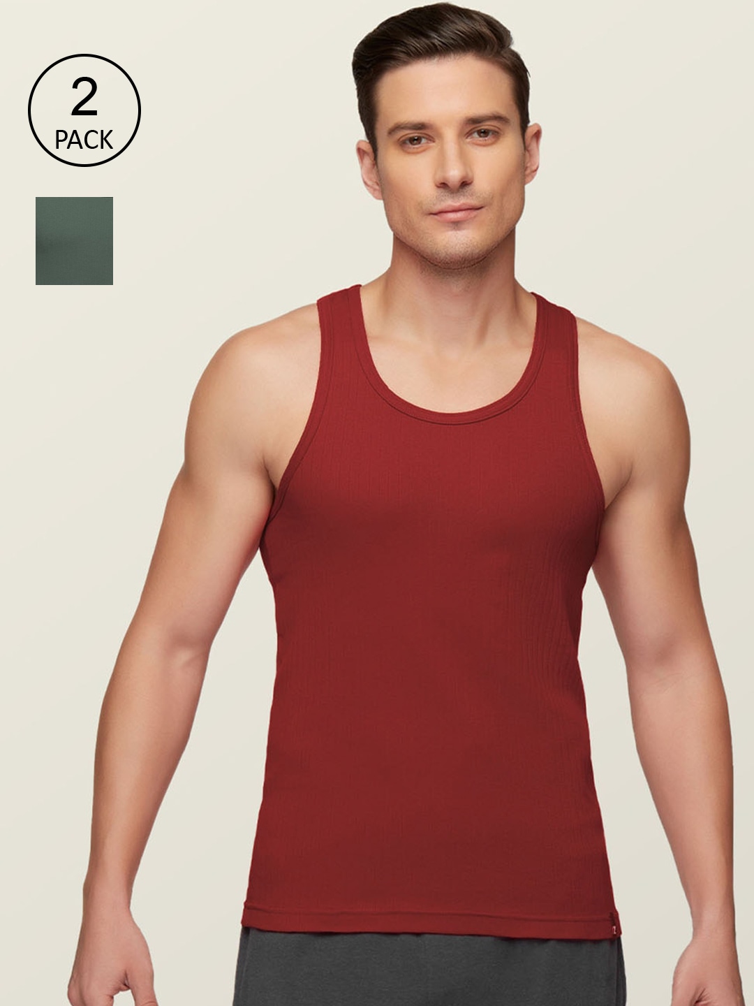 Clothing Innerwear Vests | XYXX Men Red & Olive Anti-Microbial Super Combed Cotton Round Neck Ribbed Vest - ZS39896