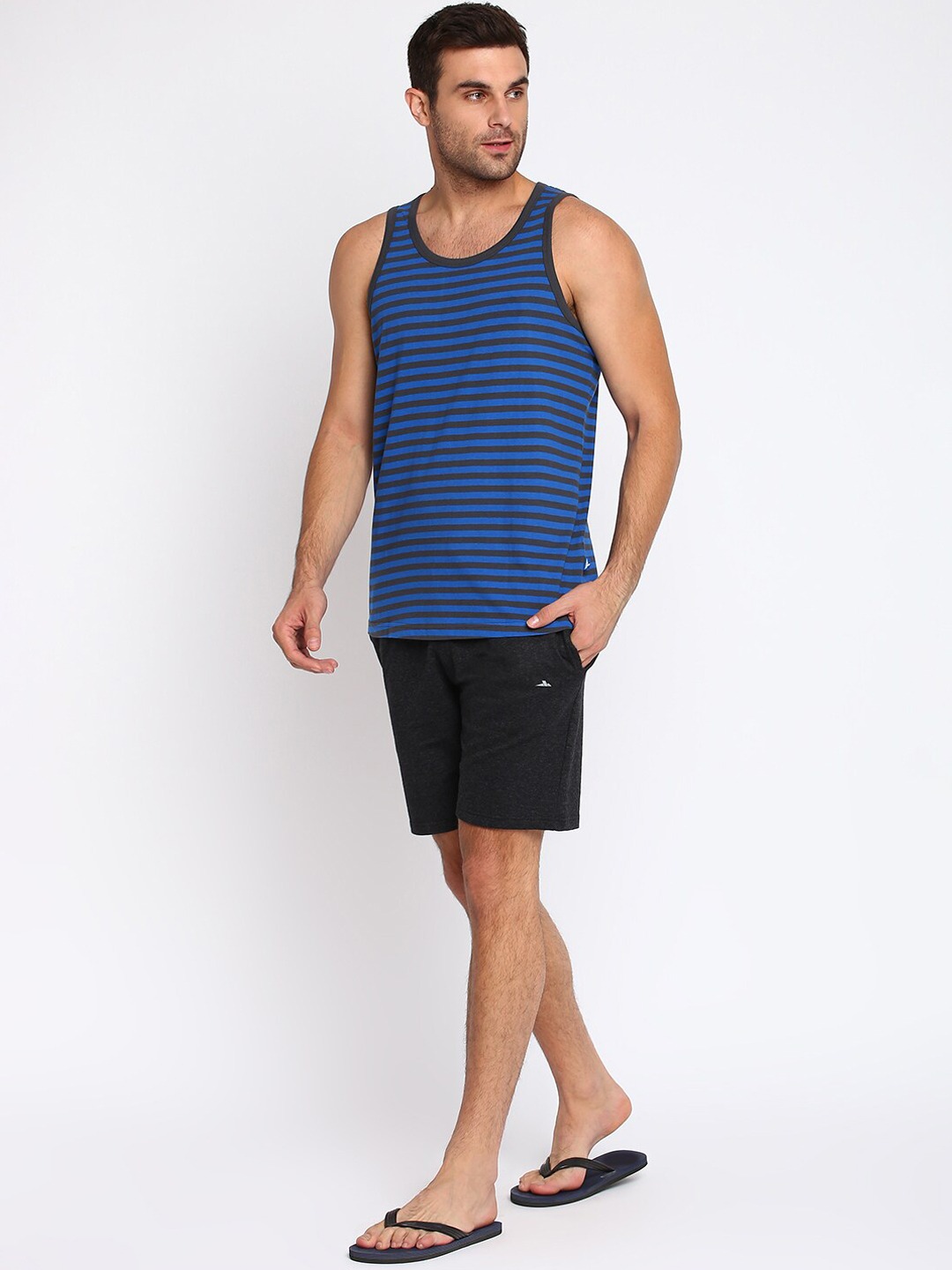 Clothing Innerwear Vests | SPARROWHAWK Men Blue & Black Striped Cotton Sustainable Innerwear Vests - IY82910
