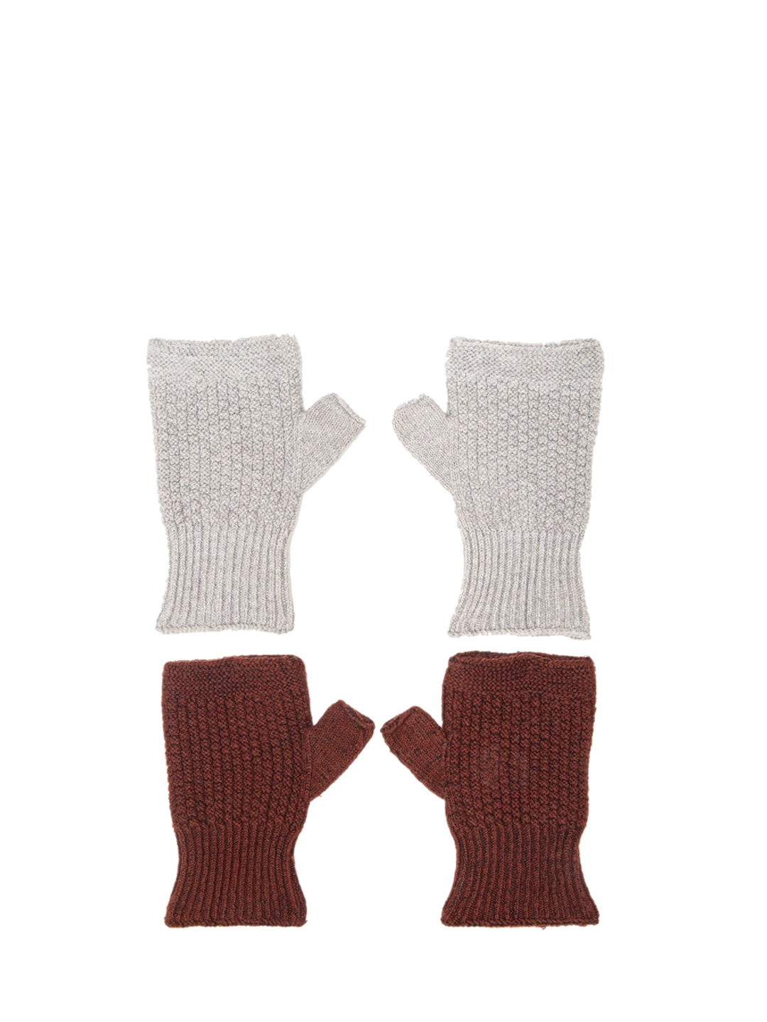 Accessories Gloves | Bharatasya Unisex Pack of 2 Grey & Brown Solid Knitted Cotton Gloves - AG35676