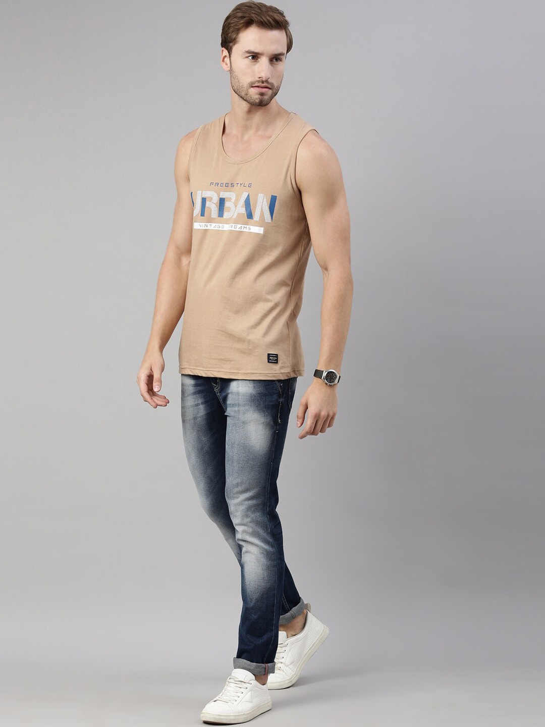 Clothing Innerwear Vests | Joven Men Brown & Blue Printed Cotton Tank Vest - BO14692