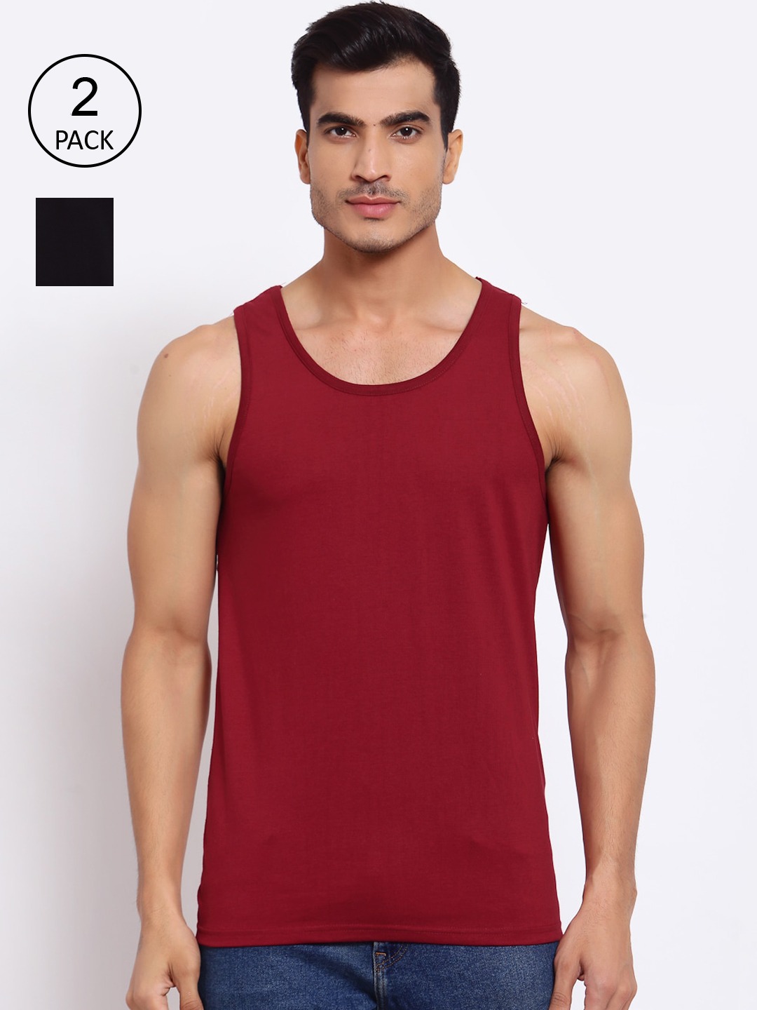 Clothing Innerwear Vests | FERANOID Men Pack of 2 Maroon & Black Solid Cotton Gym Vest - AQ64605