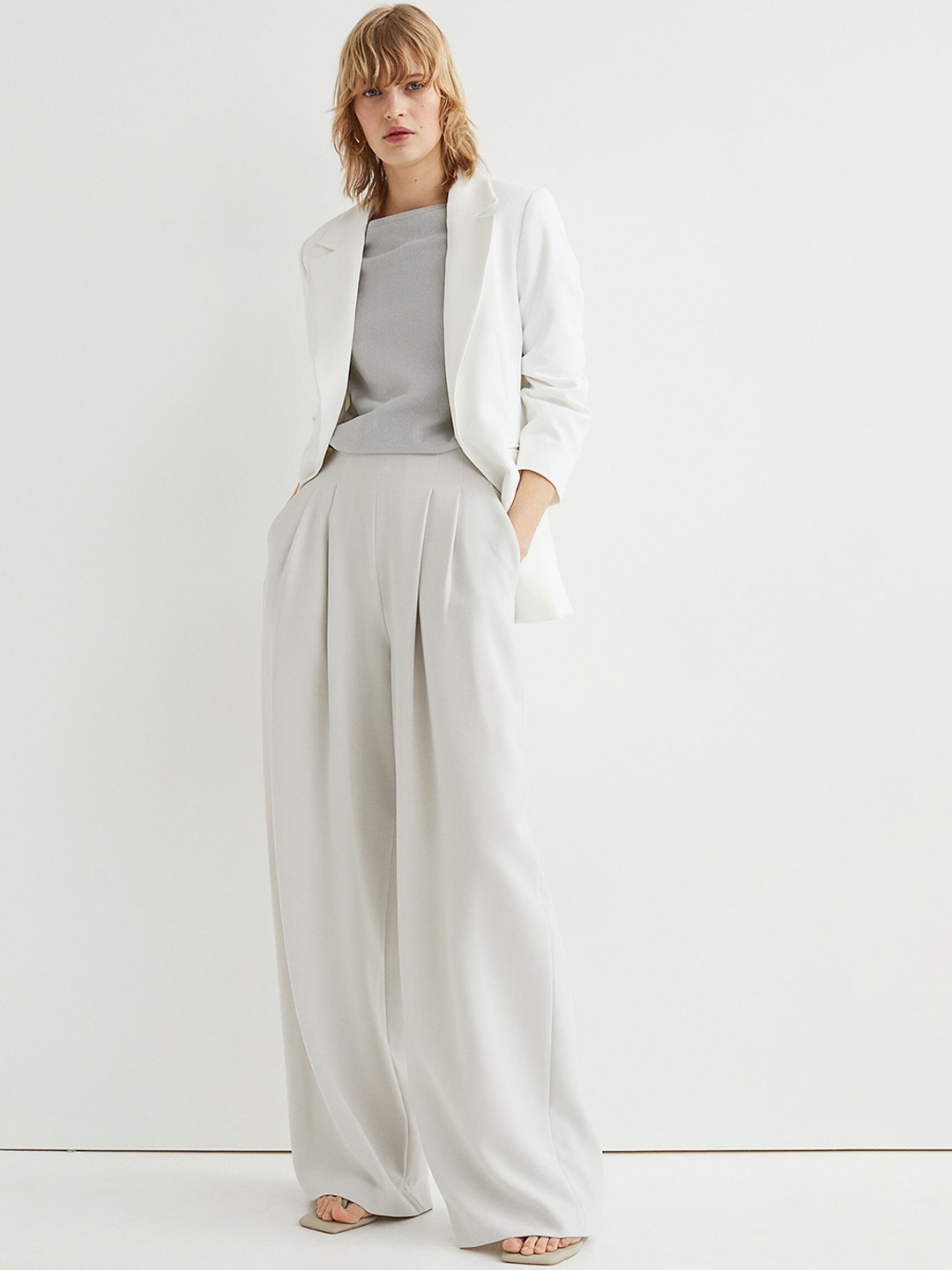 Clothing Blazers | H&M Women White Solid 3\u002F4-Length-Sleeve Jacket - OD04252