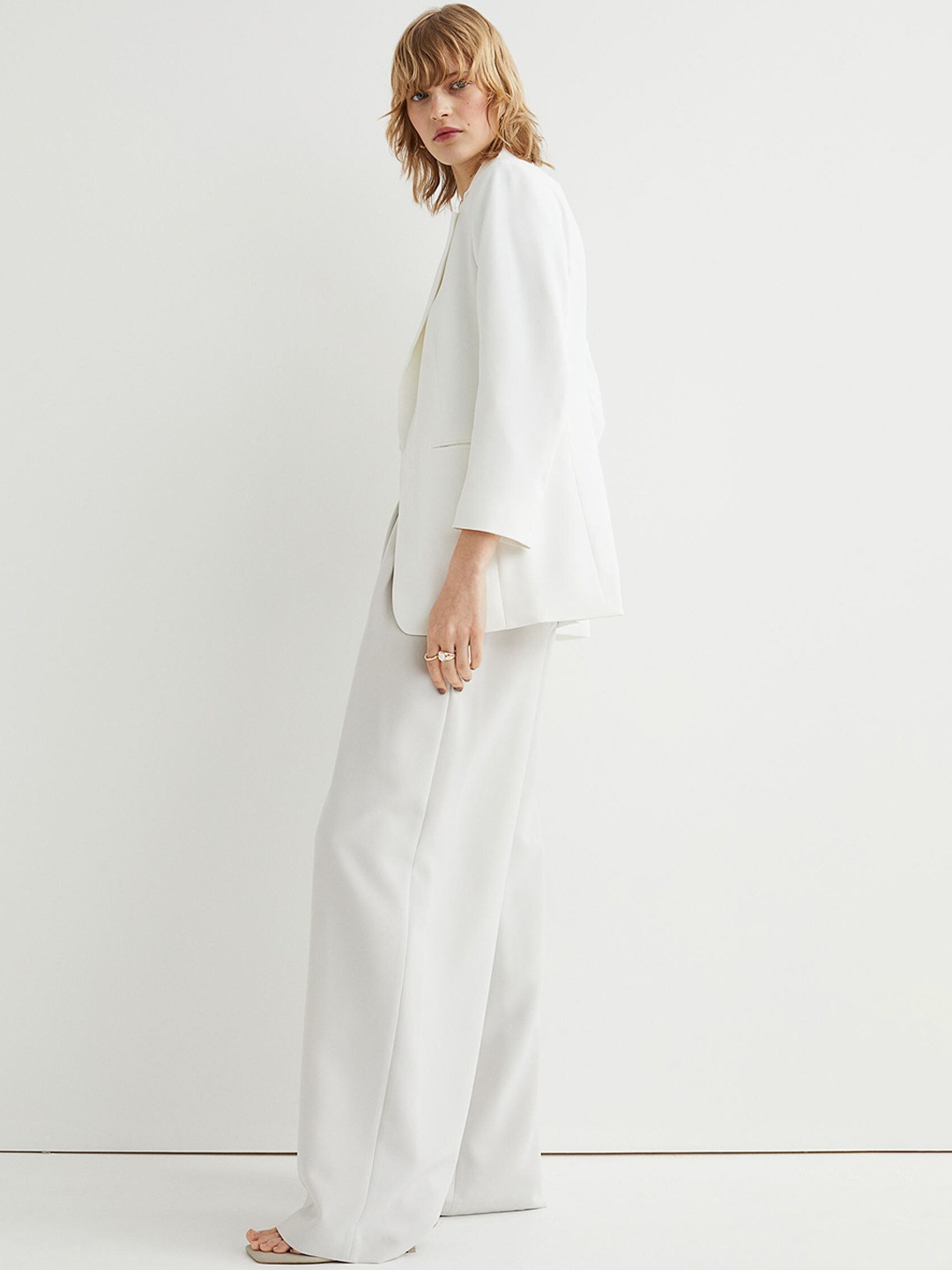 Clothing Blazers | H&M Women White Solid 3\u002F4-Length-Sleeve Jacket - OD04252