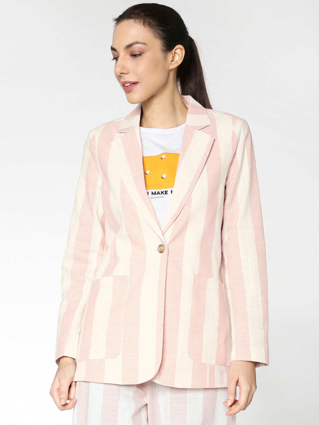 Clothing Blazers | ONLY Women Pink & Cream-Coloured Striped Regular Fit Casual Blazer - XB30824