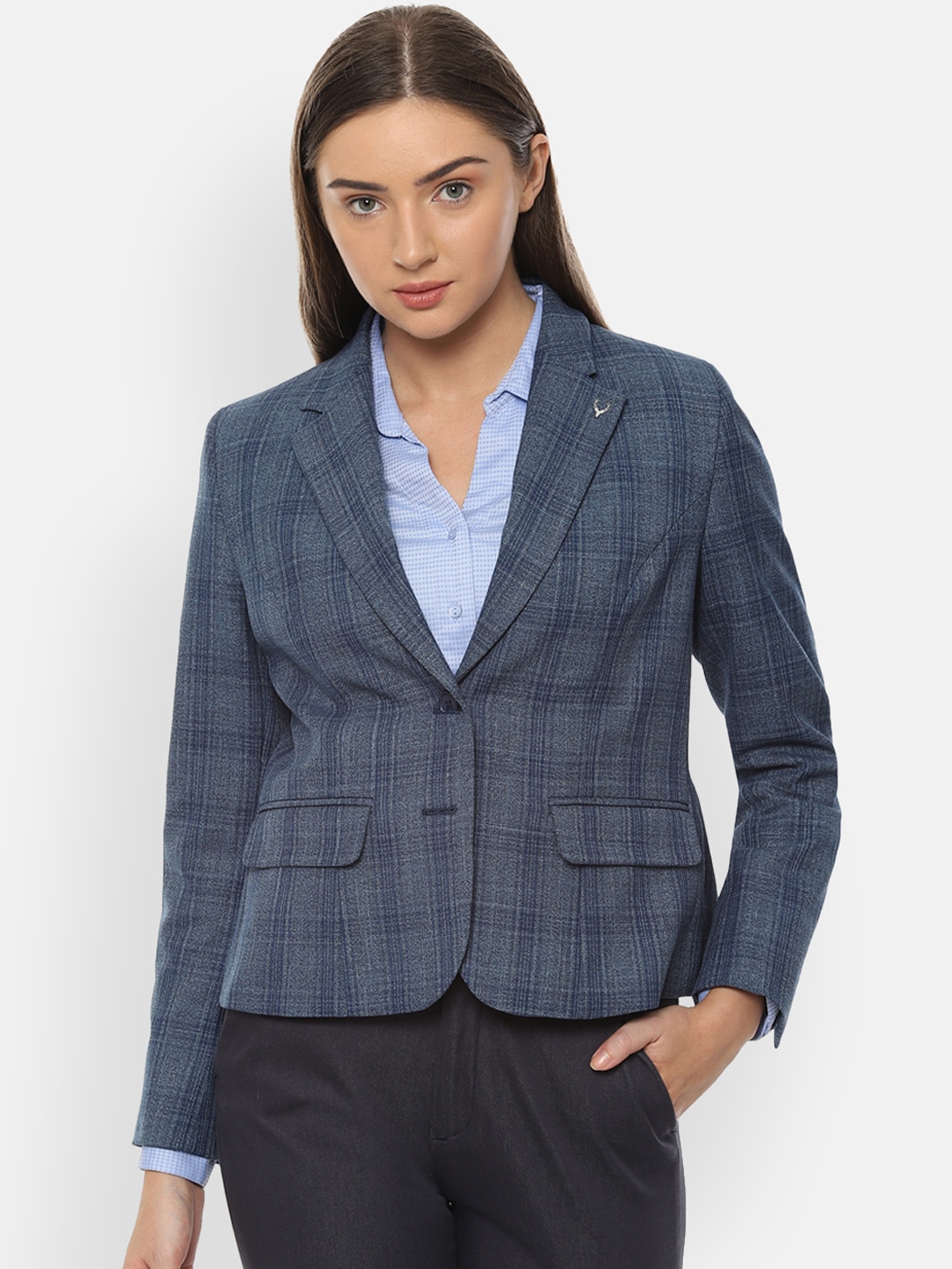Clothing Blazers | Allen Solly Woman Blue Checked Regular-Fit Single-Breasted Blazer - OU53928